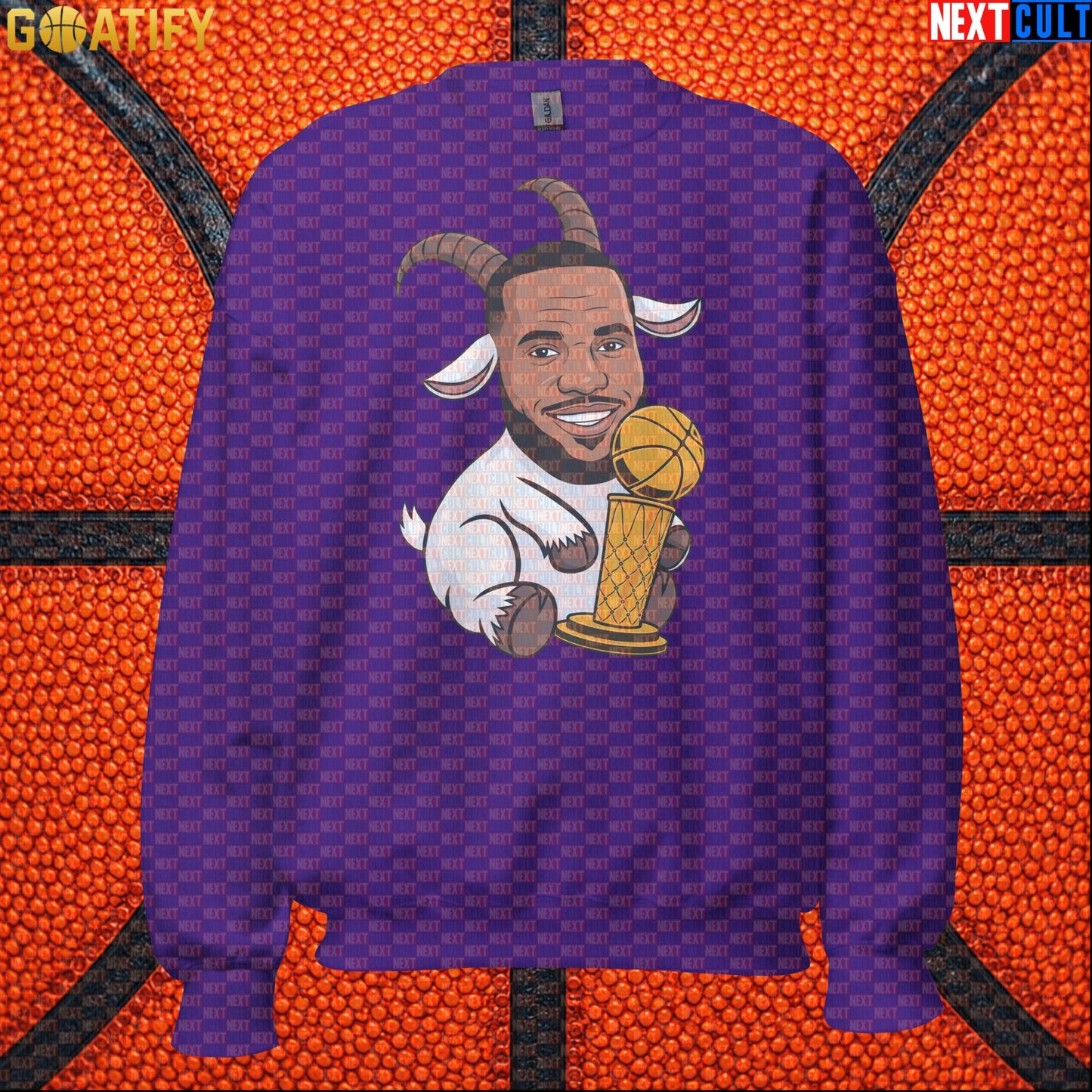 LeBron James Sweatshirt – LeGOAT Trophy Crewneck Gift for NBA Fans and Collectors Purple Sweatshirts Next Cult Brand