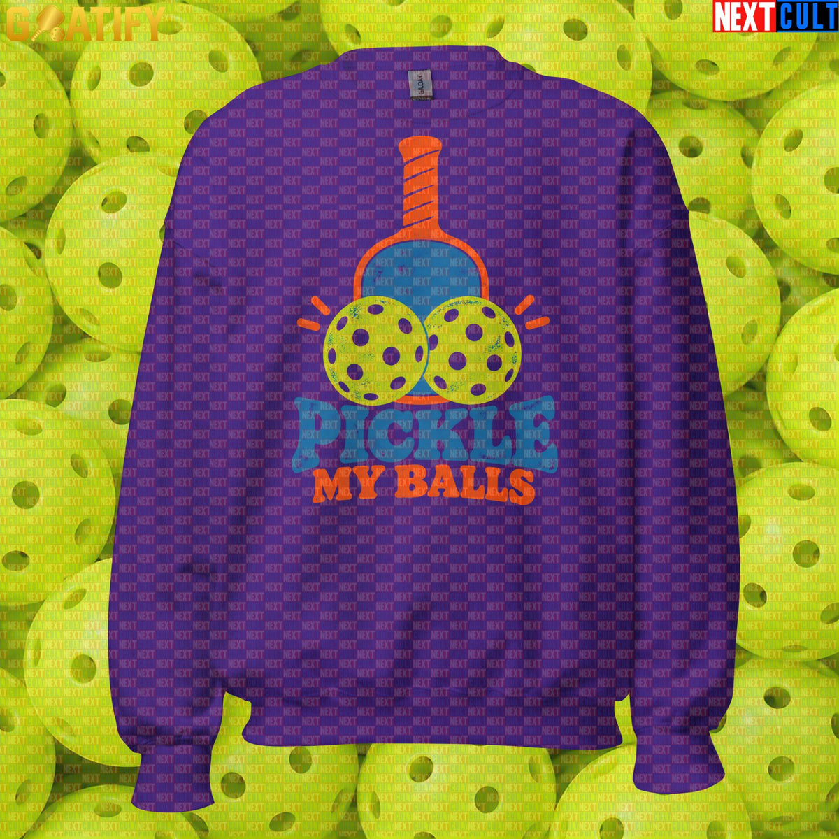 Pickleball Sweatshirt Pickle My Balls Retro Crewneck for Players, League Nights & Gifts Purple Sweatshirts Next Cult Brand
