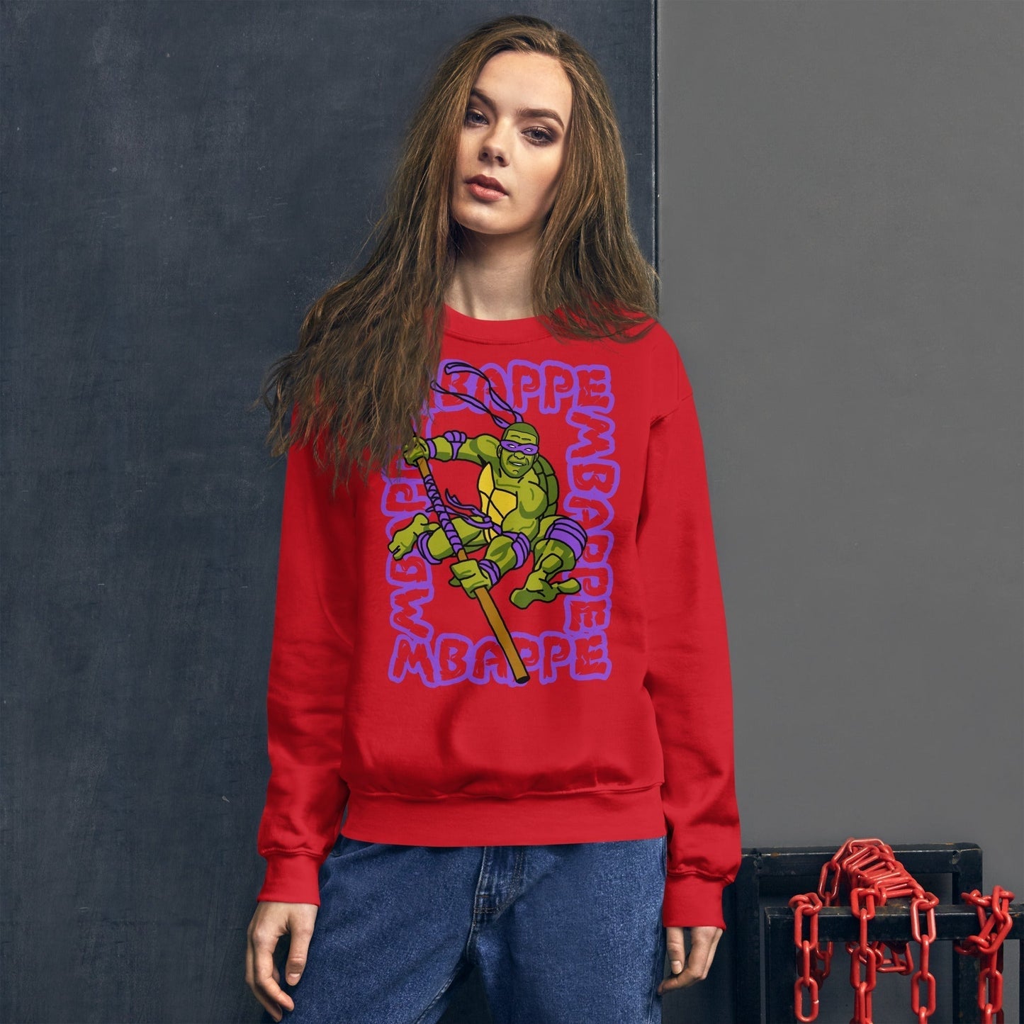 Kylian Mbappe Purple Ninja Turtle Donatello Unisex Sweatshirt Red Sweatshirts Football Kylian Mbappe Ninja Turtles PSG Real Madrid Next Cult Brand