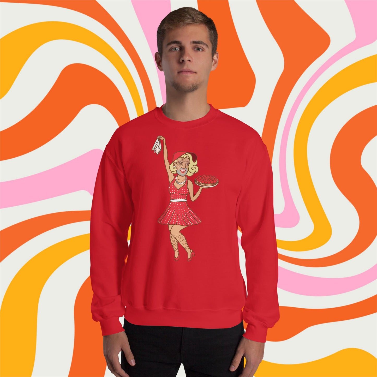 Thinnn Boy Bake Club The Fighter and The Kid TFATK Podcast Comedy 60s retro housewife Bryan Callen Unisex Sweatshirt Red Sweatshirts Bryan Callen Podcasts Stand-up Comedy The Fighter and The Kid (TFATK) Thinnn Boy Bake Club Next Cult Brand