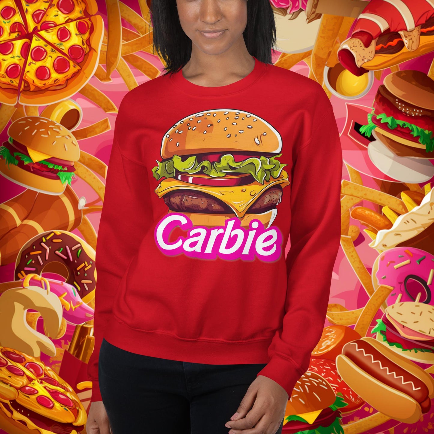 Carbie Barbie Cheeseburger Unisex Sweatshirt Red Sweatshirts Barbie Burgers Carbie Fast Food Movies Next Cult Brand