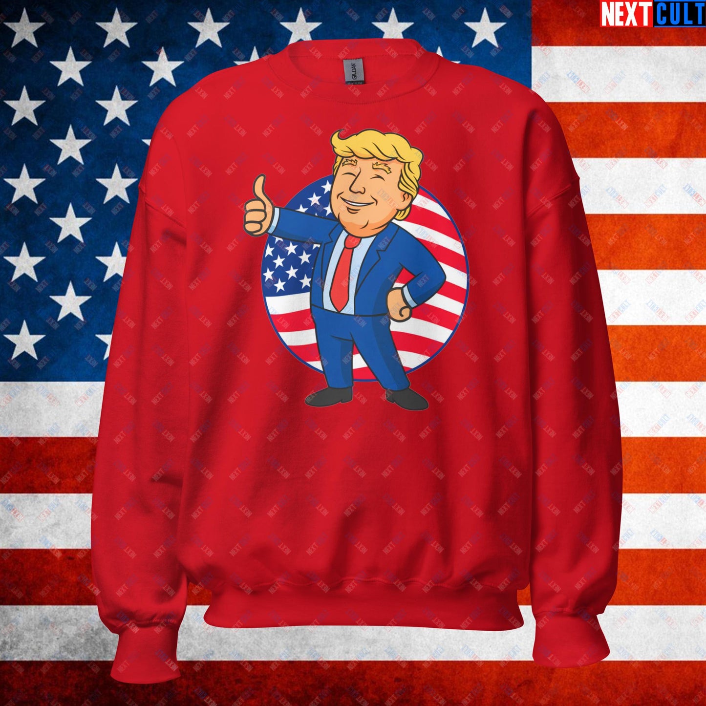 President Boy Donald Trump Politics Vault Boy Fallout Funny Meme Cartoon Mashup Unisex Sweatshirt Red Sweatshirts Donald Trump Fallout Politics Republicans Vault Boy Next Cult Brand