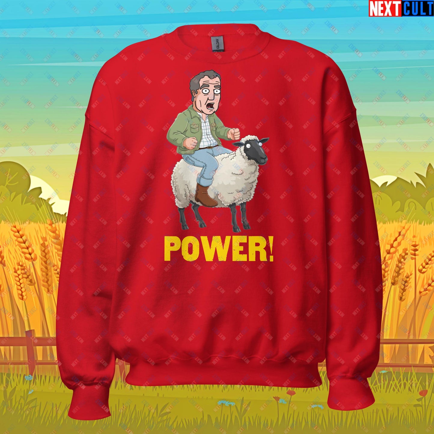 Power Sheep Jeremy Clarkson's Farm Diddly Squat Grand Tour Top Gear Funny Meme Cartoon Unisex Sweatshirt Red Sweatshirts Clarkson's Farm Grand Tour Jeremy Clarkson Top Gear TV Shows Next Cult Brand