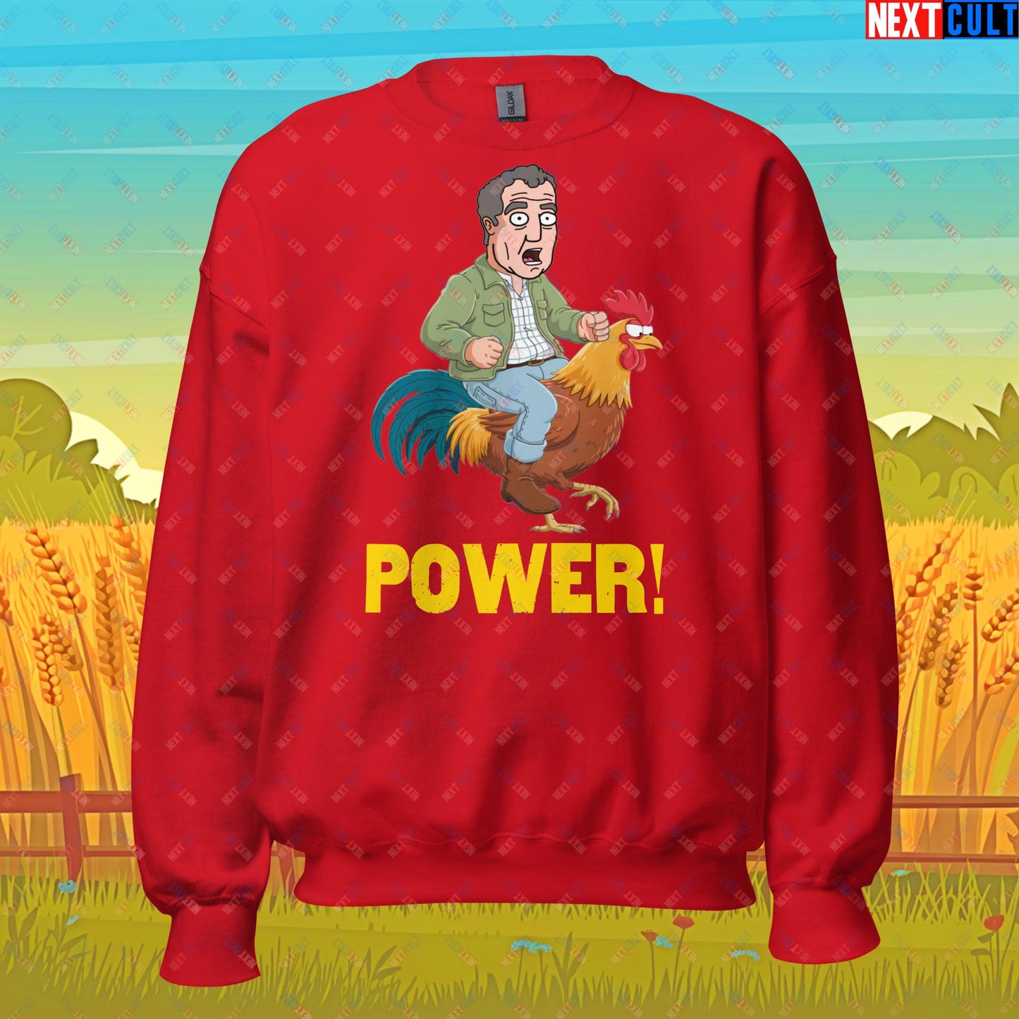 Power Rooster Chicken Farming Jeremy Clarkson's Farm Diddly Squat Grand Tour Top Gear Funny Meme Cartoon Unisex Sweatshirt Red Sweatshirts Clarkson's Farm Grand Tour Jeremy Clarkson Top Gear TV Shows Next Cult Brand