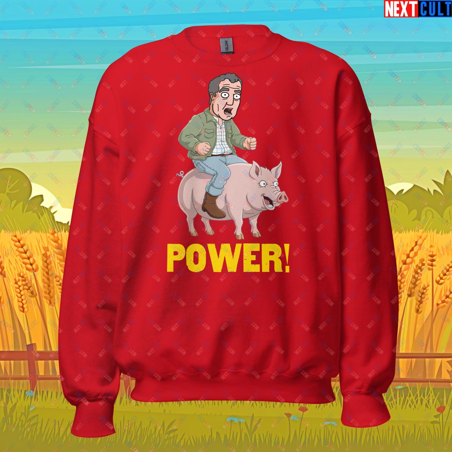 Power Pig Farming Jeremy Clarkson's Farm Diddly Squat Grand Tour Top Gear Funny Meme Cartoon Unisex Sweatshirt Red Sweatshirts Clarkson's Farm Grand Tour Jeremy Clarkson Top Gear TV Shows Next Cult Brand