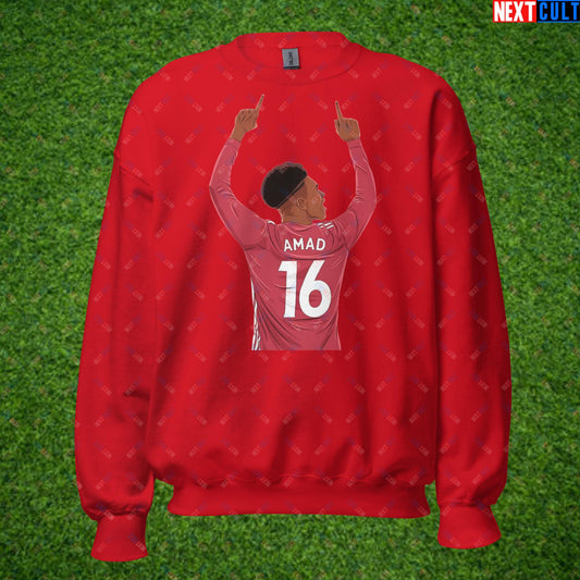Amad Diallo Goal Celebration AMADNESS Manchester United Funny Meme Cartoon Unisex Sweatshirt Red Sweatshirts Amad Diallo Football Manchester United Next Cult Brand