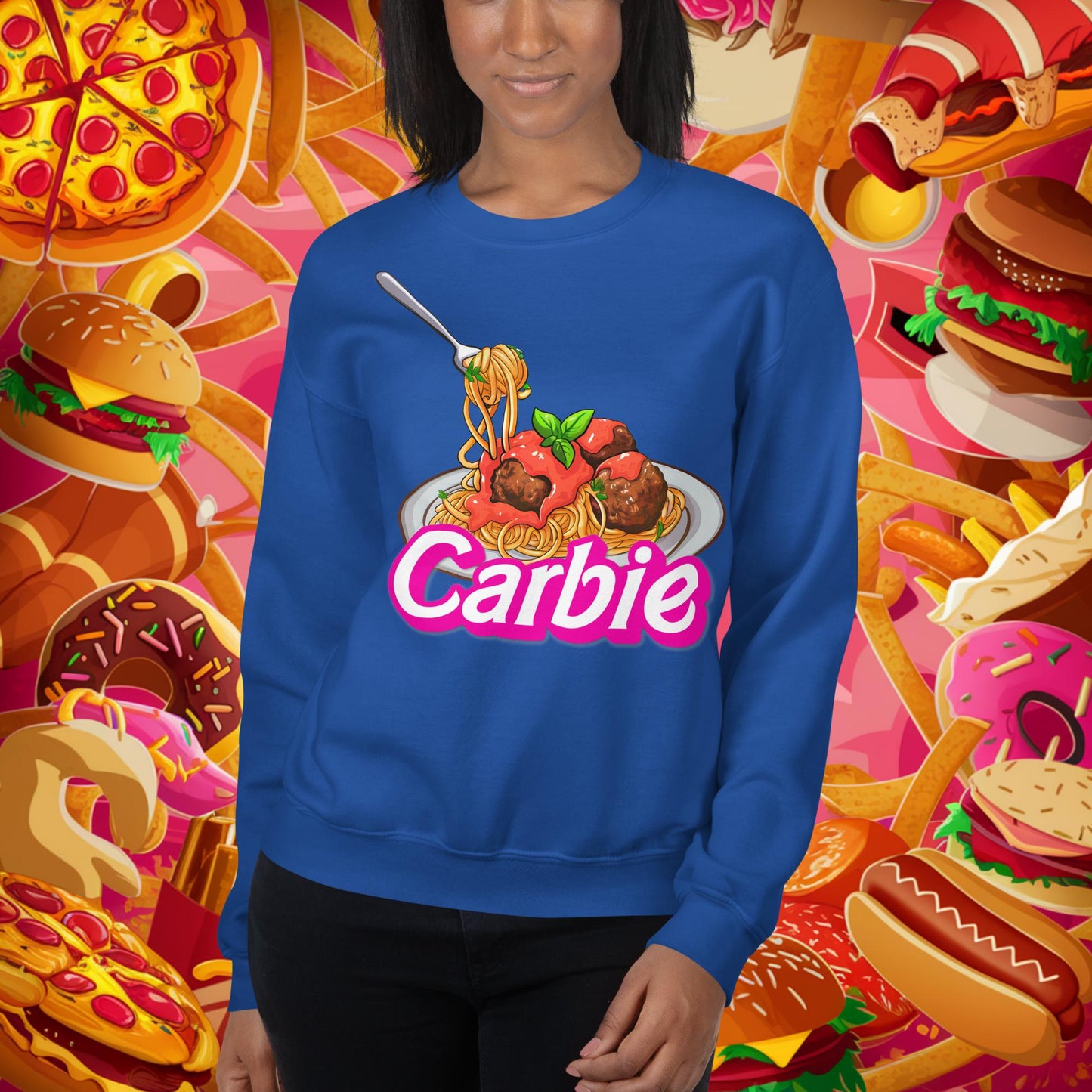 Carbie Barbie I Love Pasta I Love Carbs Unisex Sweatshirt Royal Sweatshirts Barbie Carbie Ken Movies Next Cult Brand