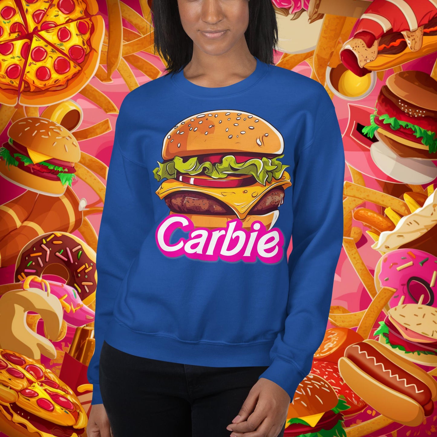 Carbie Barbie Cheeseburger Unisex Sweatshirt Royal Sweatshirts Barbie Burgers Carbie Fast Food Movies Next Cult Brand
