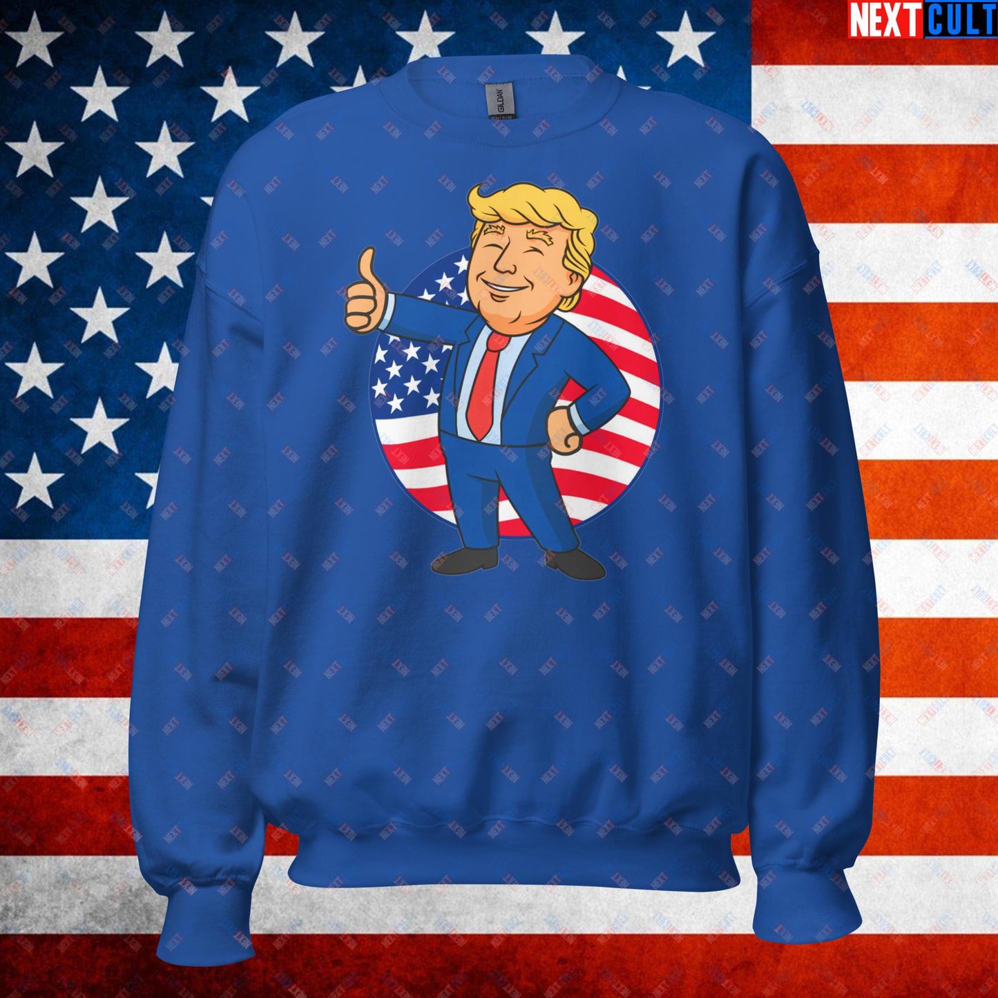 President Boy Donald Trump Politics Vault Boy Fallout Funny Meme Cartoon Mashup Unisex Sweatshirt Royal Sweatshirts Donald Trump Fallout Politics Republicans Vault Boy Next Cult Brand