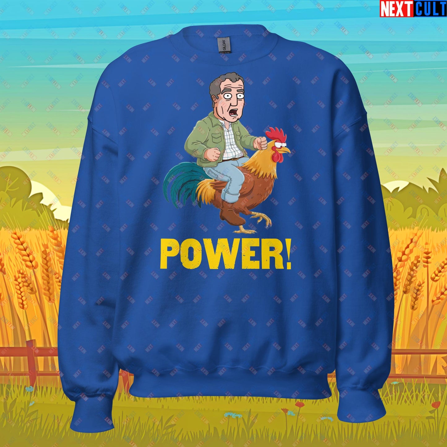 Power Rooster Chicken Farming Jeremy Clarkson's Farm Diddly Squat Grand Tour Top Gear Funny Meme Cartoon Unisex Sweatshirt Royal Sweatshirts Clarkson's Farm Grand Tour Jeremy Clarkson Top Gear TV Shows Next Cult Brand