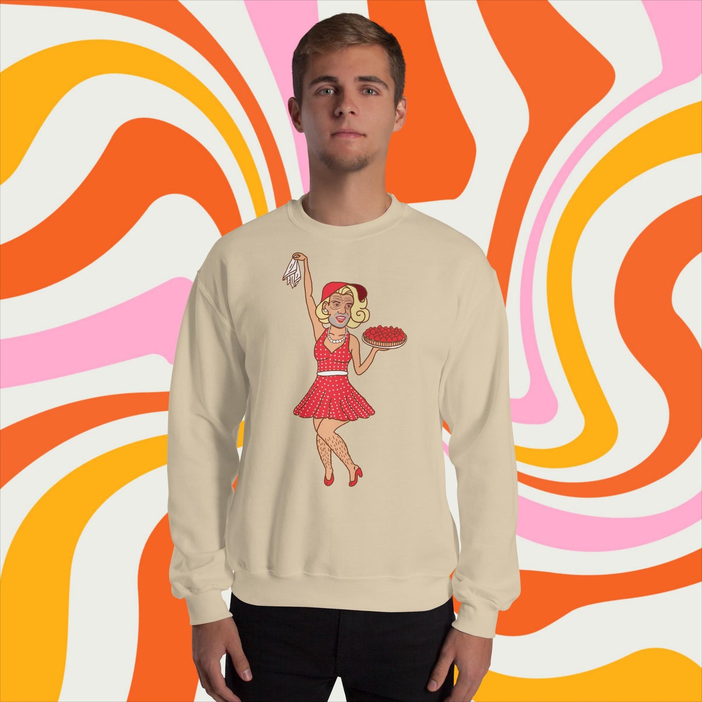 Thinnn Boy Bake Club The Fighter and The Kid TFATK Podcast Comedy 60s retro housewife Bryan Callen Unisex Sweatshirt Sand Sweatshirts Bryan Callen Podcasts Stand-up Comedy The Fighter and The Kid (TFATK) Thinnn Boy Bake Club Next Cult Brand