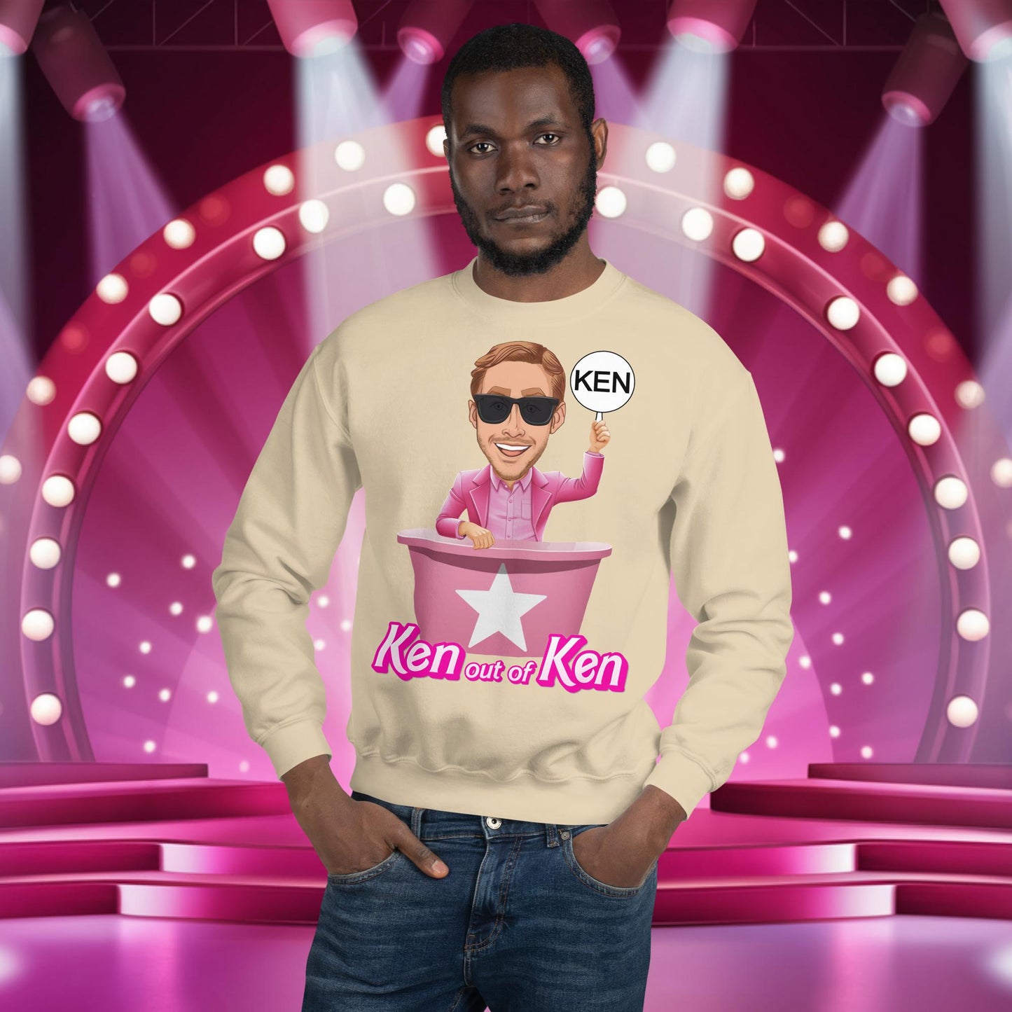 Ken out of Ken Ryan Gosling Barbie Movie Unisex Sweatshirt Sand Sweatshirts Barbie Celebrities Ken Movies Ryan Gosling Next Cult Brand