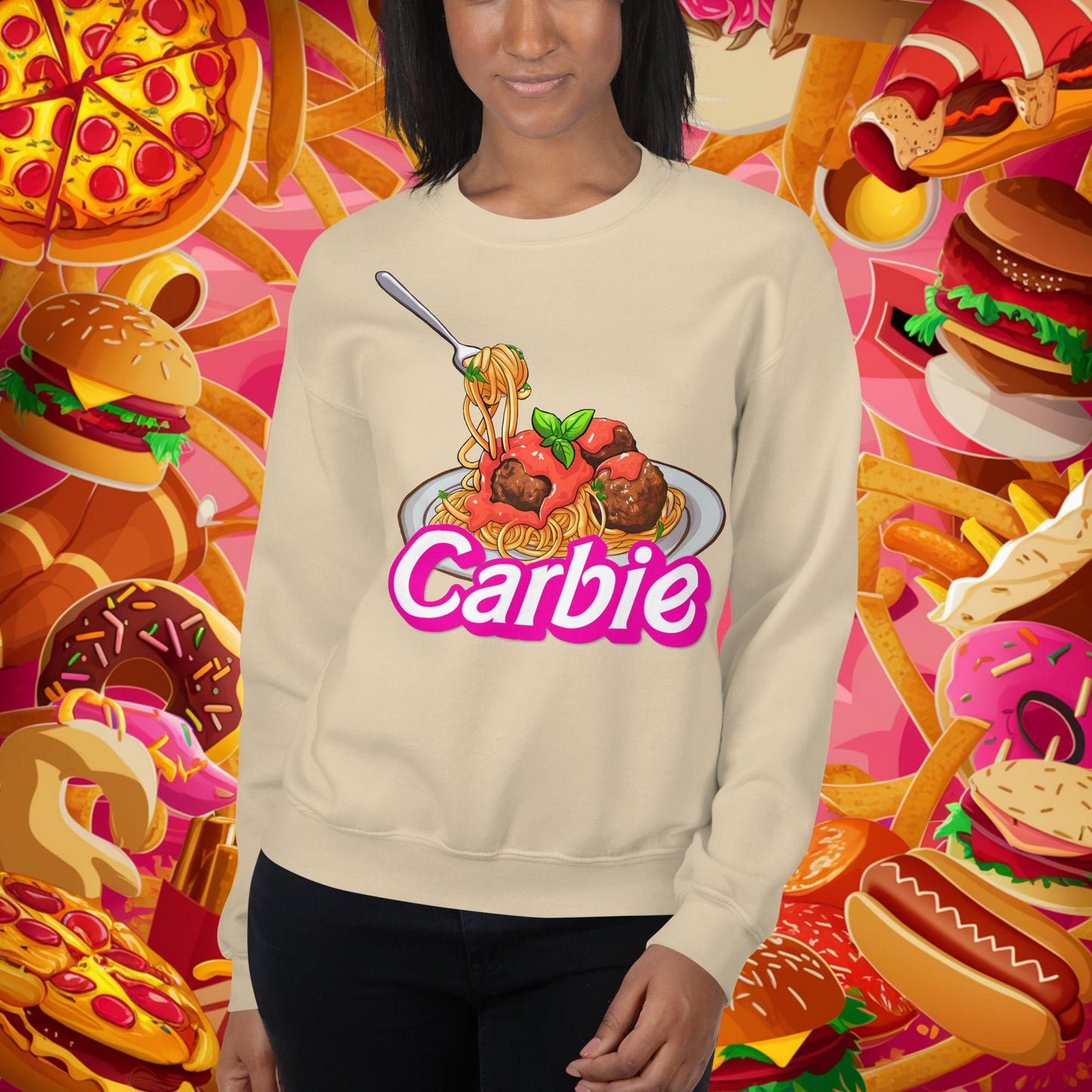 Carbie Barbie I Love Pasta I Love Carbs Unisex Sweatshirt Sand Sweatshirts Barbie Carbie Ken Movies Next Cult Brand