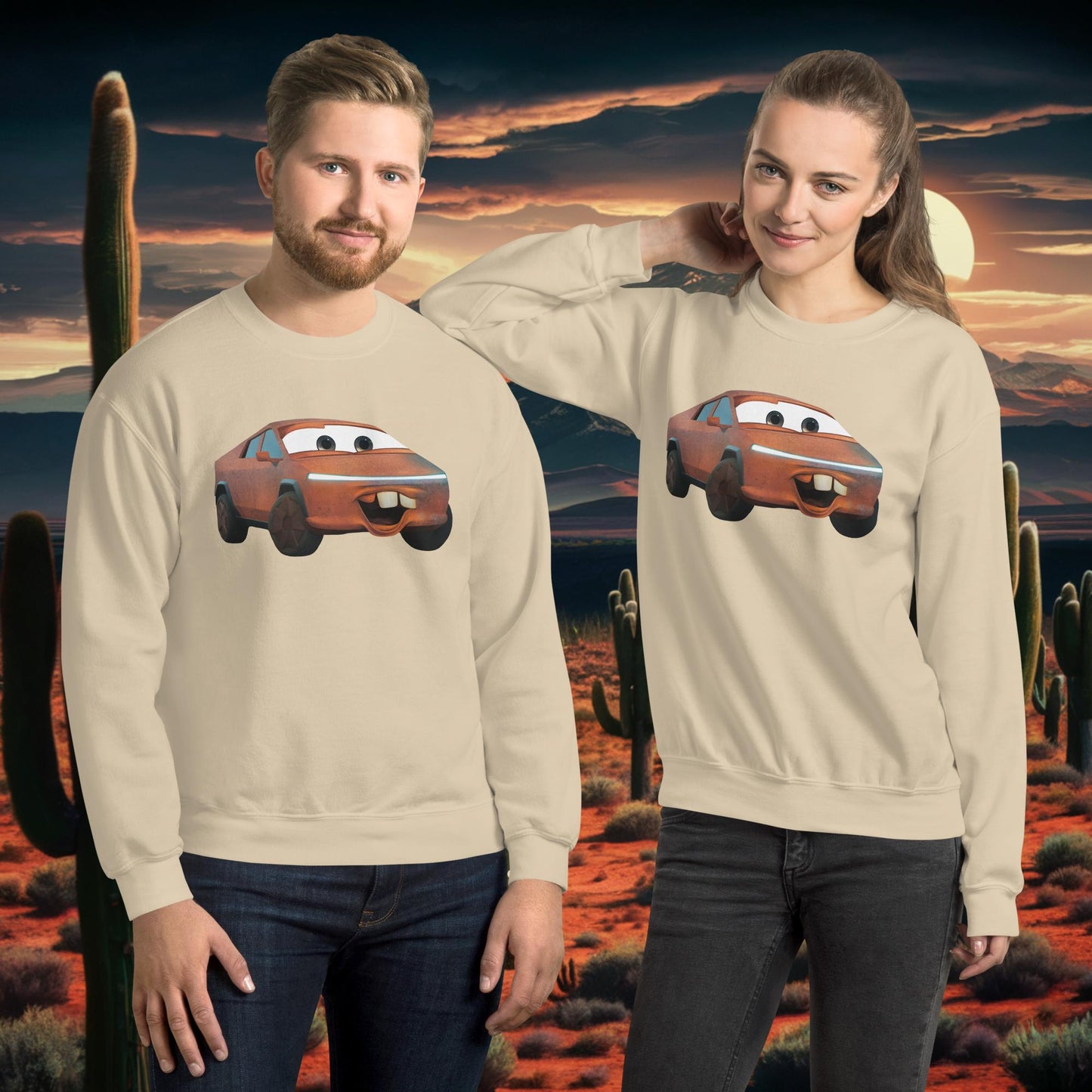 Rusty Tesla Cybertruck Elon Musk Cars Movie Tow Mater Unisex Sweatshirt Sand Sweatshirts Cars Movie Celebrities Cybertruck Elon Musk Movies Tesla Next Cult Brand
