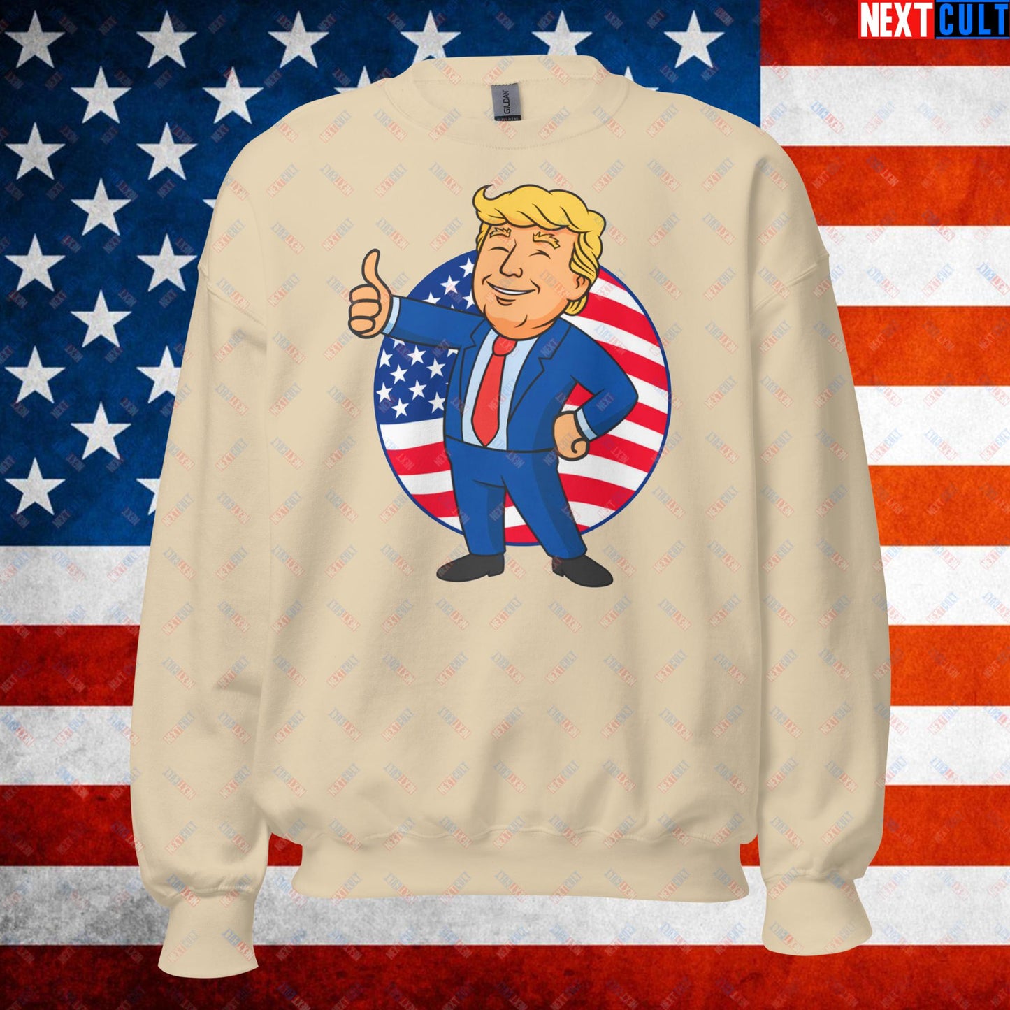 President Boy Donald Trump Politics Vault Boy Fallout Funny Meme Cartoon Mashup Unisex Sweatshirt Sand Sweatshirts Donald Trump Fallout Politics Republicans Vault Boy Next Cult Brand