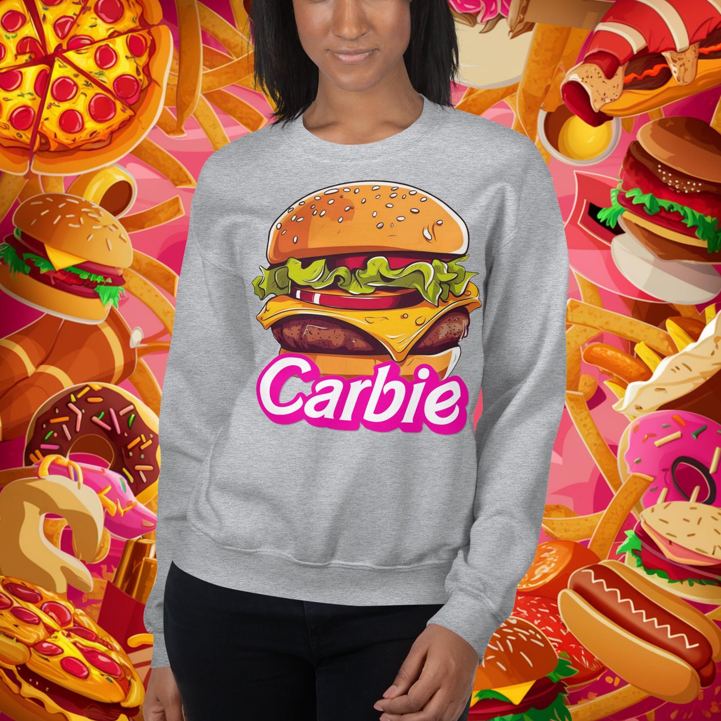 Carbie Barbie Cheeseburger Unisex Sweatshirt Sport Grey Sweatshirts Barbie Burgers Carbie Fast Food Movies Next Cult Brand