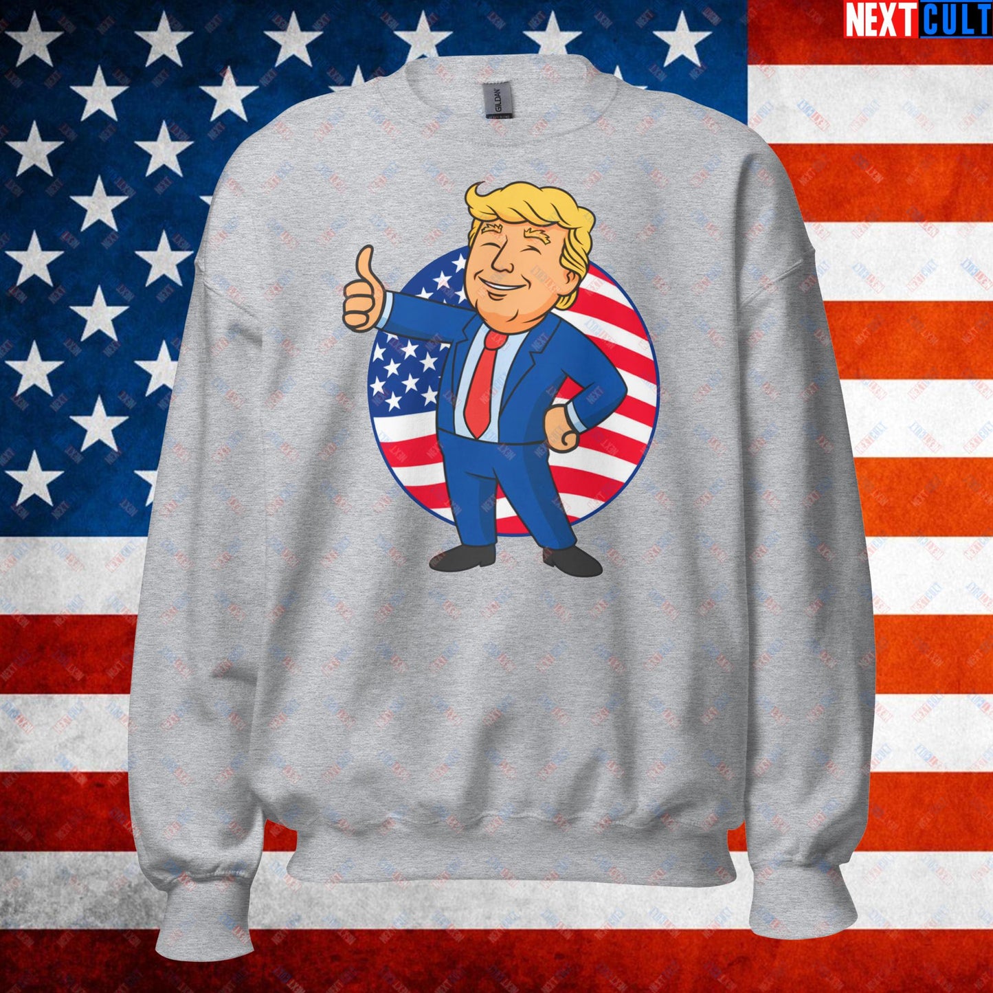 President Boy Donald Trump Politics Vault Boy Fallout Funny Meme Cartoon Mashup Unisex Sweatshirt Sport Grey Sweatshirts Donald Trump Fallout Politics Republicans Vault Boy Next Cult Brand