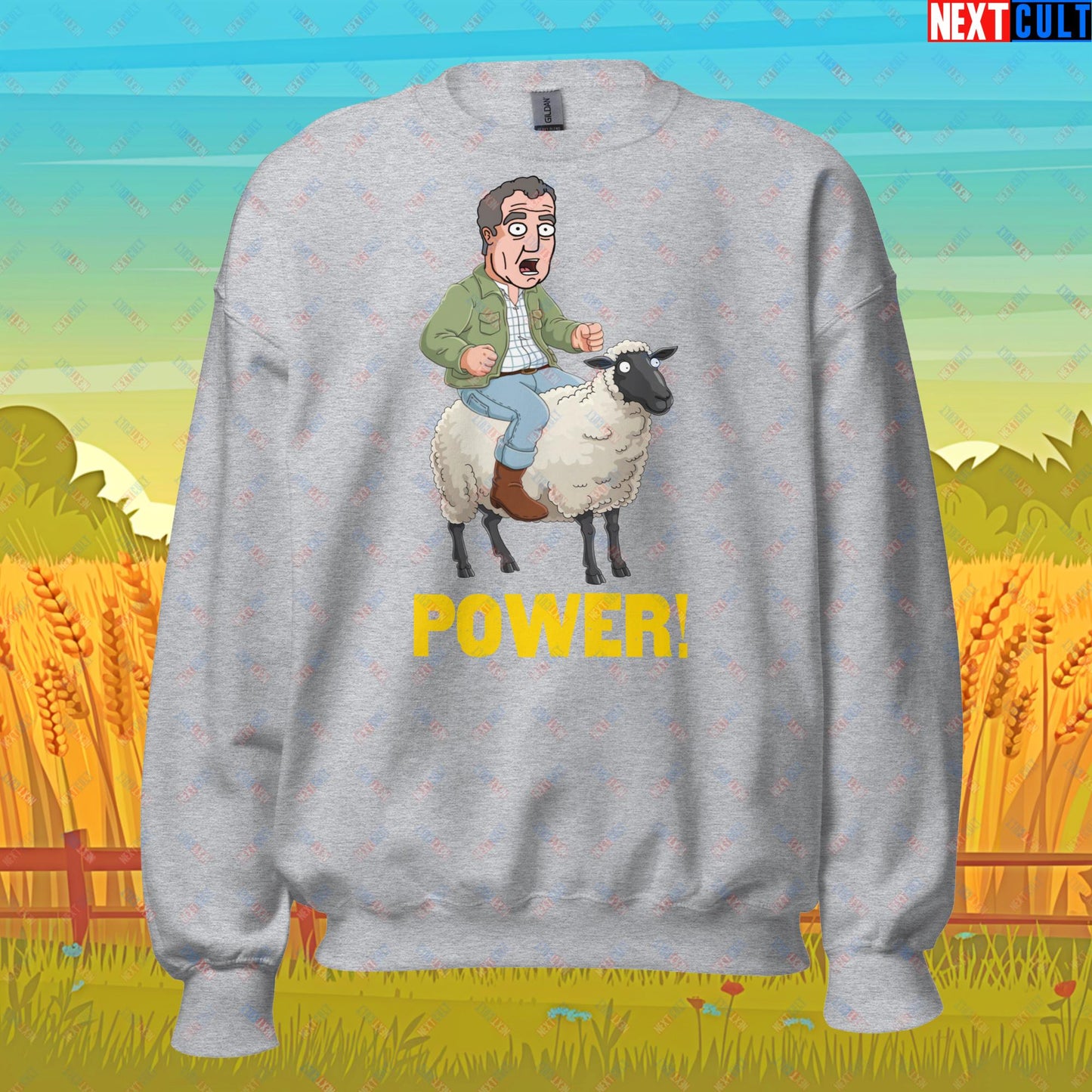 Power Sheep Jeremy Clarkson's Farm Diddly Squat Grand Tour Top Gear Funny Meme Cartoon Unisex Sweatshirt Sport Grey Sweatshirts Clarkson's Farm Grand Tour Jeremy Clarkson Top Gear TV Shows Next Cult Brand