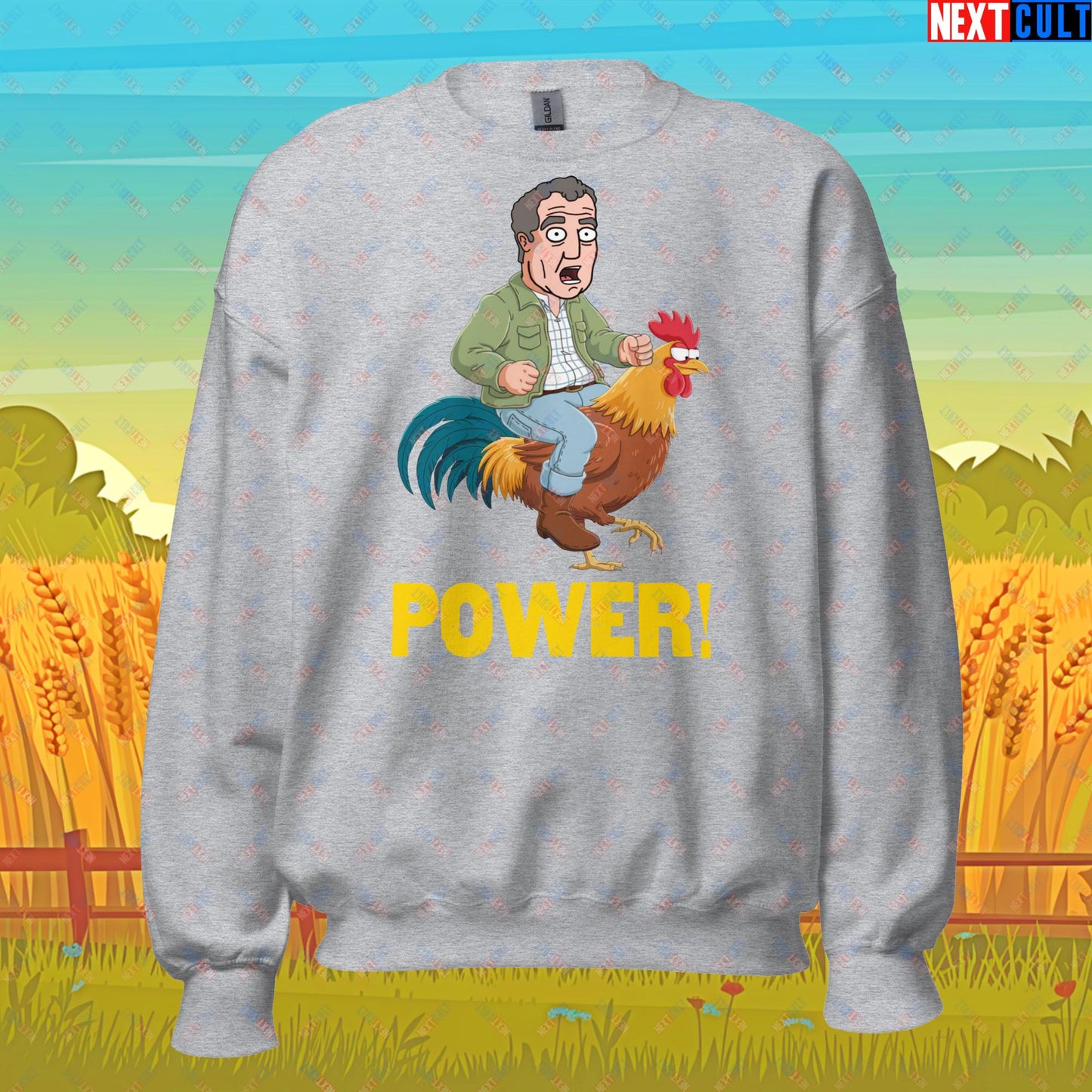 Power Rooster Chicken Farming Jeremy Clarkson's Farm Diddly Squat Grand Tour Top Gear Funny Meme Cartoon Unisex Sweatshirt Sport Grey Sweatshirts Clarkson's Farm Grand Tour Jeremy Clarkson Top Gear TV Shows Next Cult Brand