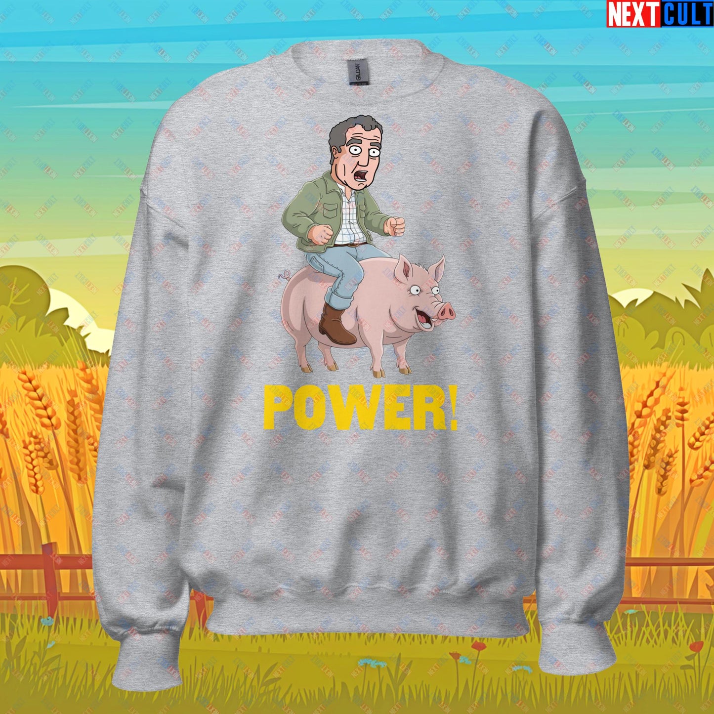 Power Pig Farming Jeremy Clarkson's Farm Diddly Squat Grand Tour Top Gear Funny Meme Cartoon Unisex Sweatshirt Sport Grey Sweatshirts Clarkson's Farm Grand Tour Jeremy Clarkson Top Gear TV Shows Next Cult Brand