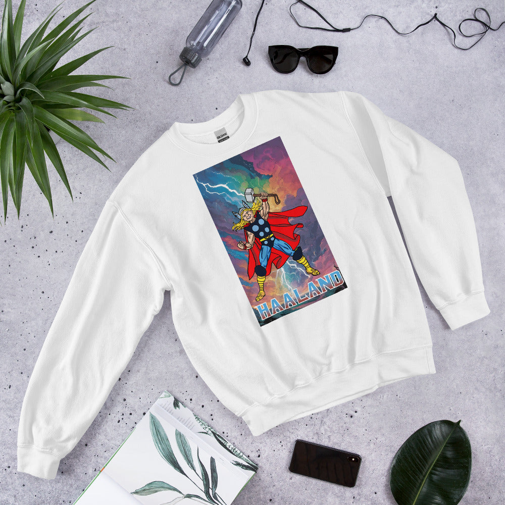 Erling Haaland Thor Avenger Manchester City Funny Football/ Soccer Meme Unisex Sweatshirt White Sweatshirts Erling Haaland Football Manchester City Thor Next Cult Brand