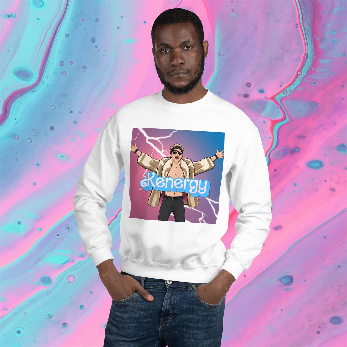 Kenergy Barbie Ryan Gosling Ken Unisex Sweatshirt White Sweatshirts Barbie Celebrities Ken Kenergy Movies Ryan Gosling Next Cult Brand
