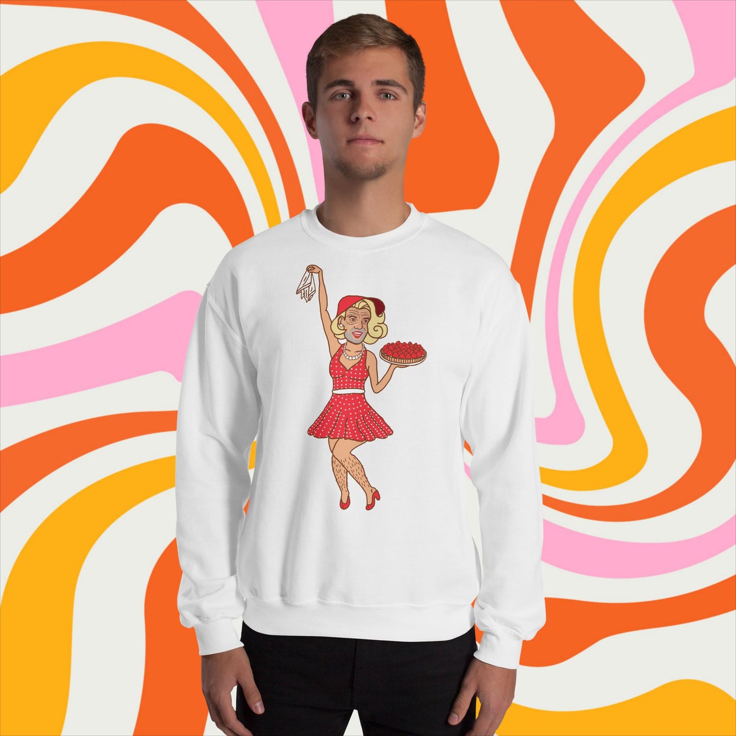 Thinnn Boy Bake Club The Fighter and The Kid TFATK Podcast Comedy 60s retro housewife Bryan Callen Unisex Sweatshirt White Sweatshirts Bryan Callen Podcasts Stand-up Comedy The Fighter and The Kid (TFATK) Thinnn Boy Bake Club Next Cult Brand