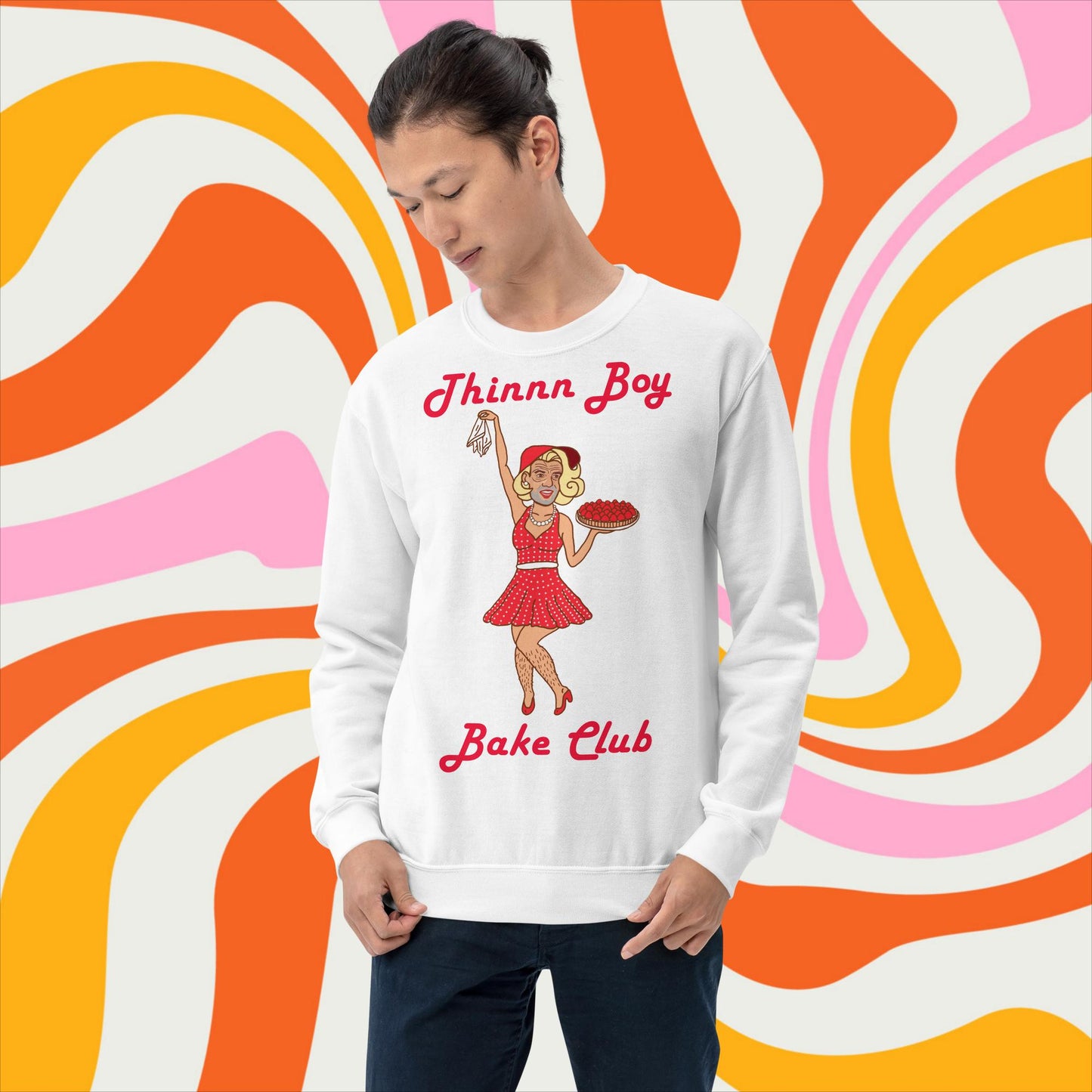 Thinnn Boy Bake Club The Fighter and The Kid TFATK Podcast Comedy 60s retro housewife Bryan Callen Unisex Sweatshirt White Sweatshirts Bryan Callen Podcasts Stand-up Comedy The Fighter and The Kid (TFATK) Thinnn Boy Bake Club Next Cult Brand
