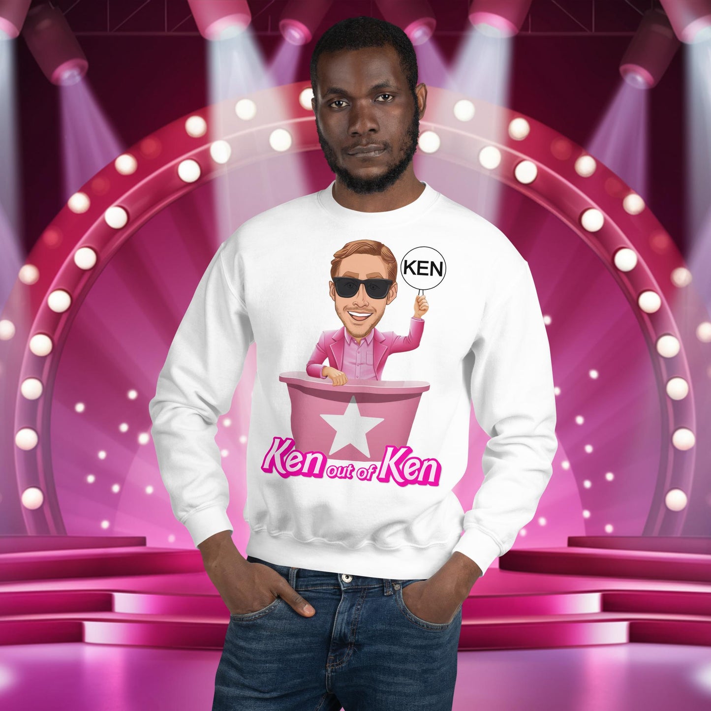 Ken out of Ken Ryan Gosling Barbie Movie Unisex Sweatshirt White Sweatshirts Barbie Celebrities Ken Movies Ryan Gosling Next Cult Brand
