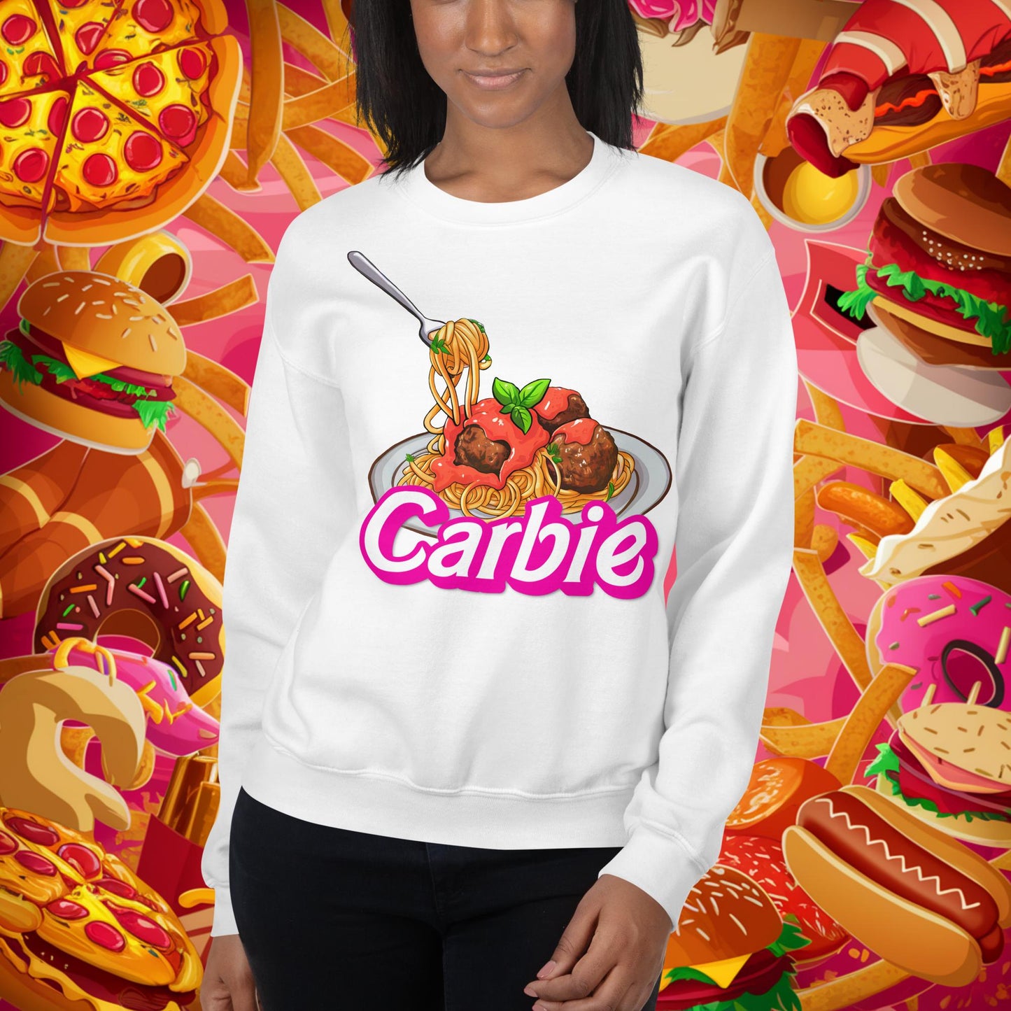 Carbie Barbie I Love Pasta I Love Carbs Unisex Sweatshirt White Sweatshirts Barbie Carbie Ken Movies Next Cult Brand