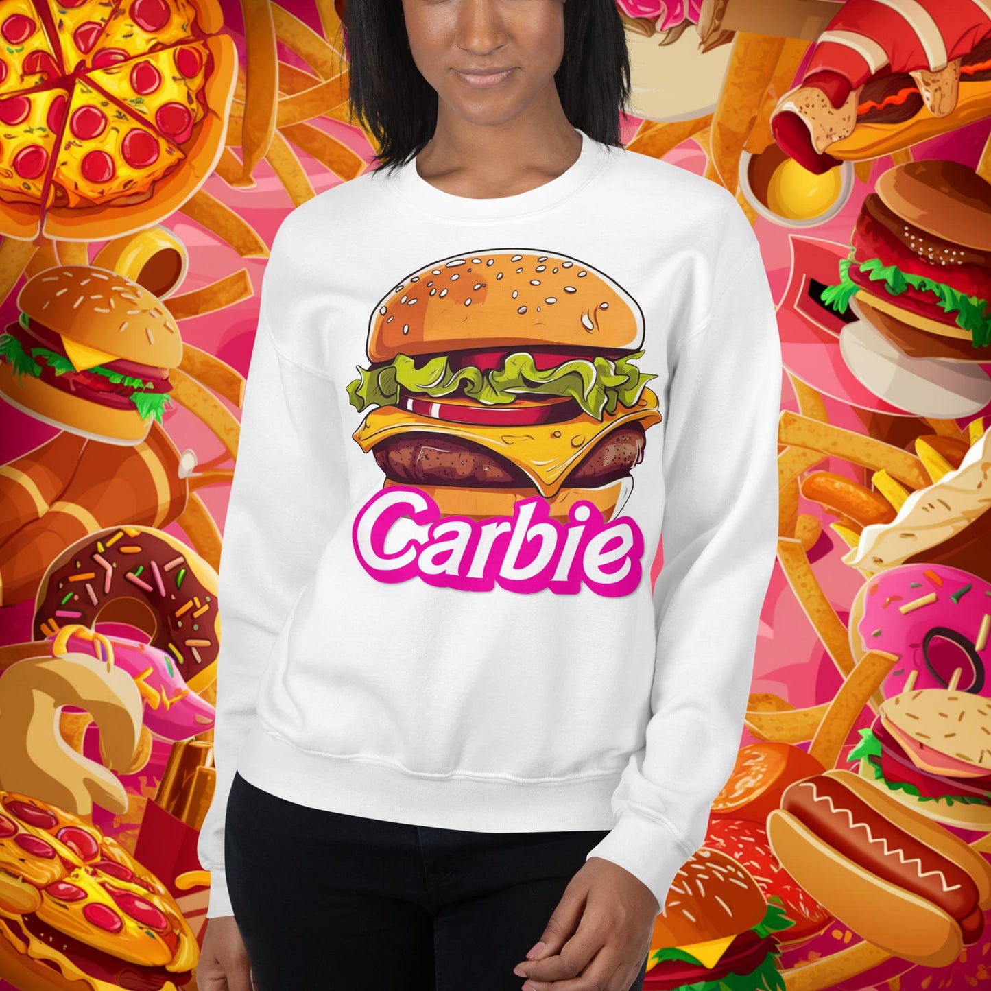 Carbie Barbie Cheeseburger Unisex Sweatshirt White Sweatshirts Barbie Burgers Carbie Fast Food Movies Next Cult Brand