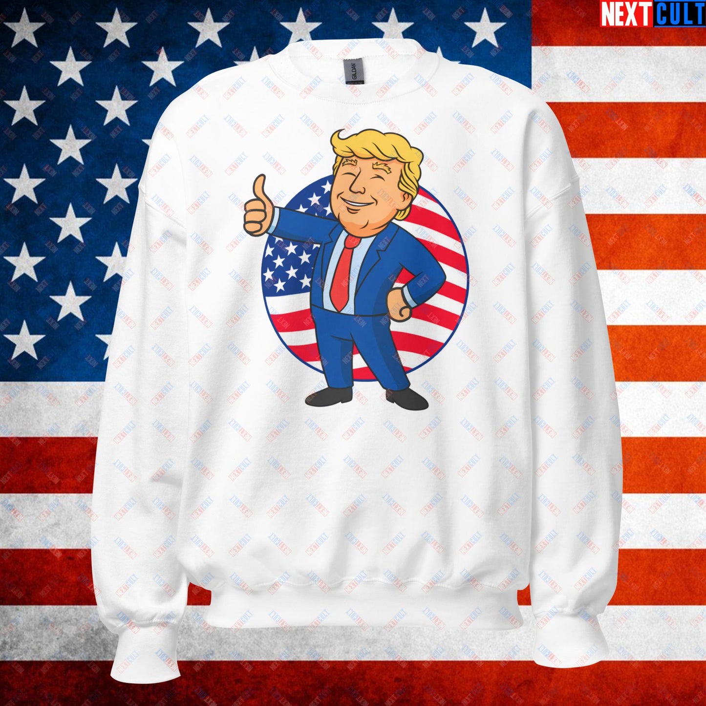 President Boy Donald Trump Politics Vault Boy Fallout Funny Meme Cartoon Mashup Unisex Sweatshirt White Sweatshirts Donald Trump Fallout Politics Republicans Vault Boy Next Cult Brand