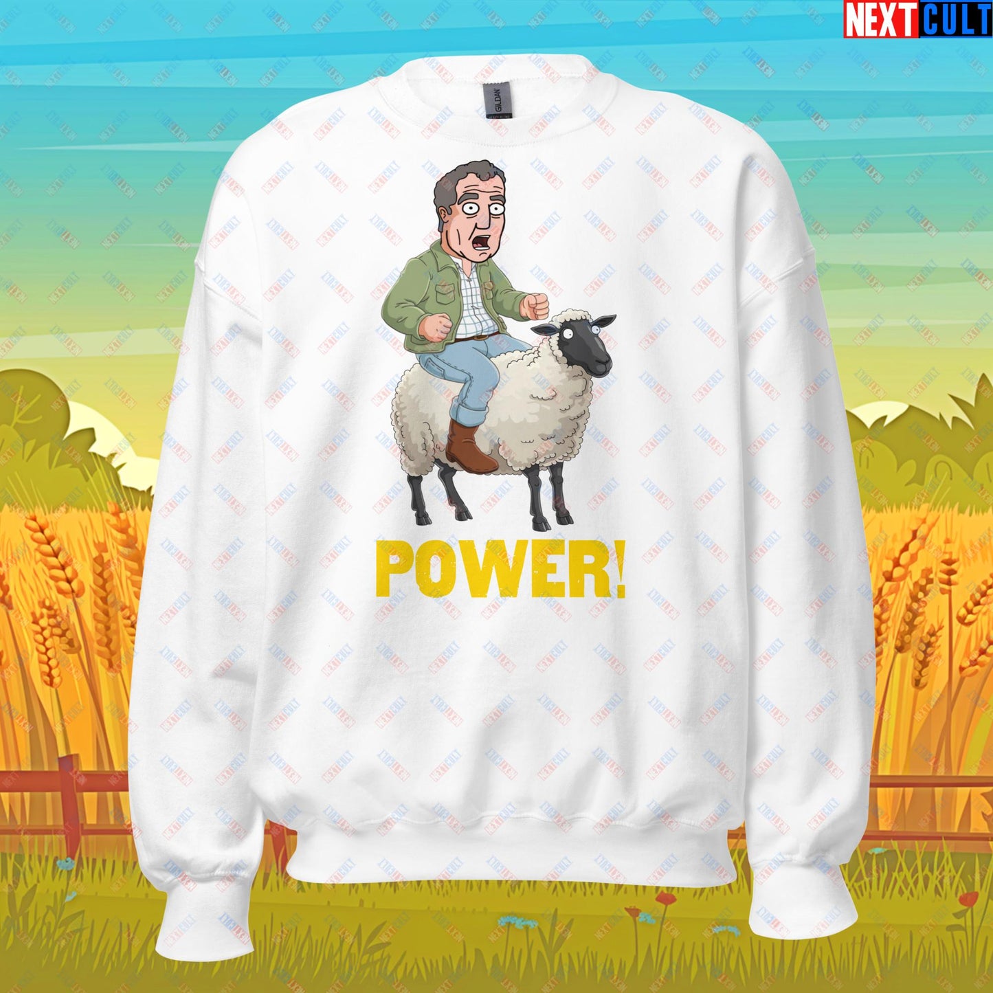 Power Sheep Jeremy Clarkson's Farm Diddly Squat Grand Tour Top Gear Funny Meme Cartoon Unisex Sweatshirt White Sweatshirts Clarkson's Farm Grand Tour Jeremy Clarkson Top Gear TV Shows Next Cult Brand