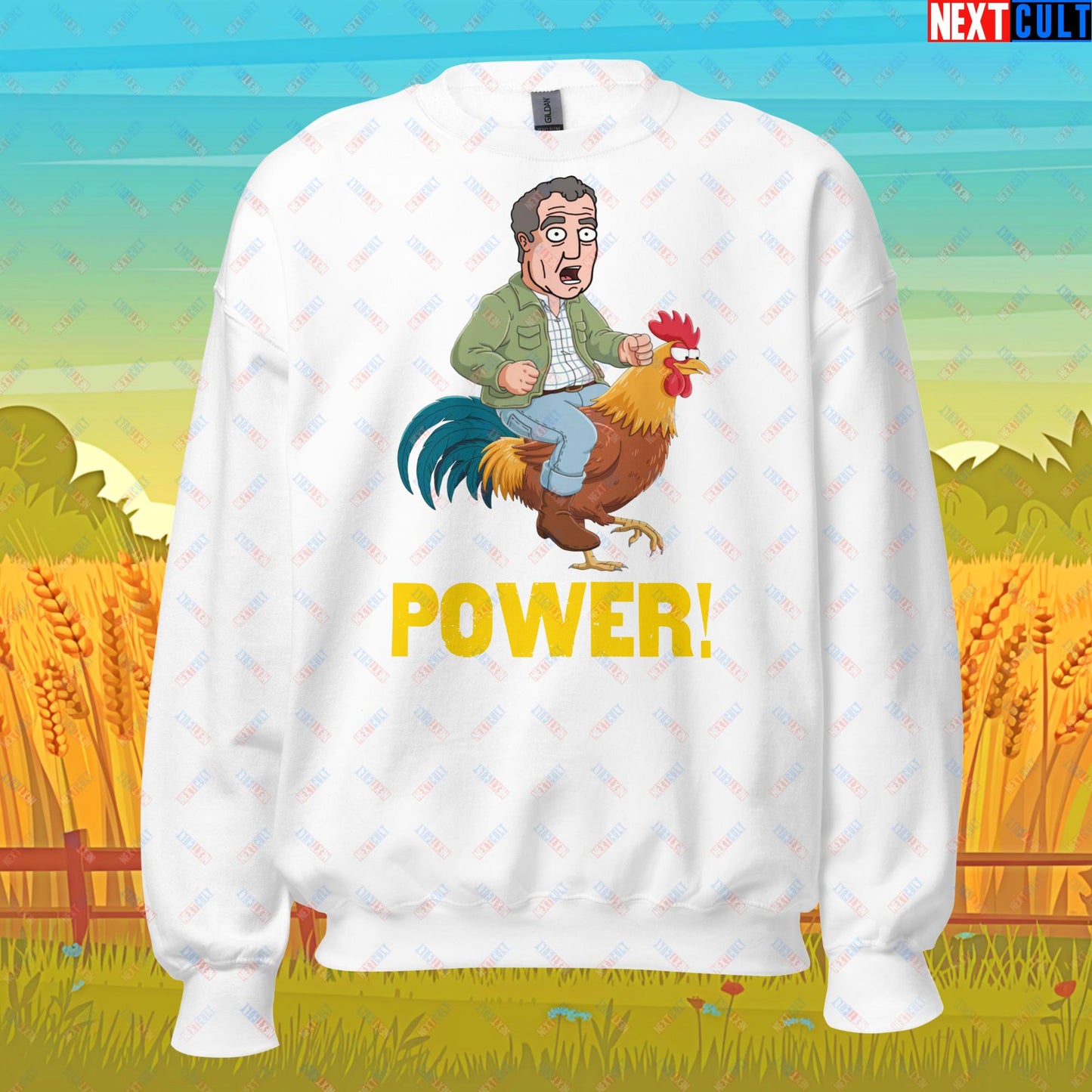 Power Rooster Chicken Farming Jeremy Clarkson's Farm Diddly Squat Grand Tour Top Gear Funny Meme Cartoon Unisex Sweatshirt White Sweatshirts Clarkson's Farm Grand Tour Jeremy Clarkson Top Gear TV Shows Next Cult Brand