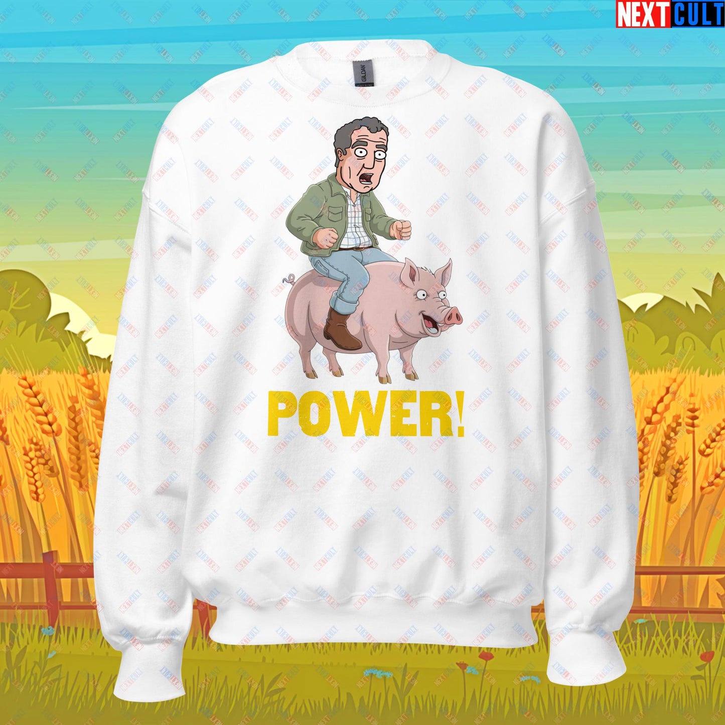 Power Pig Farming Jeremy Clarkson's Farm Diddly Squat Grand Tour Top Gear Funny Meme Cartoon Unisex Sweatshirt White Sweatshirts Clarkson's Farm Grand Tour Jeremy Clarkson Top Gear TV Shows Next Cult Brand