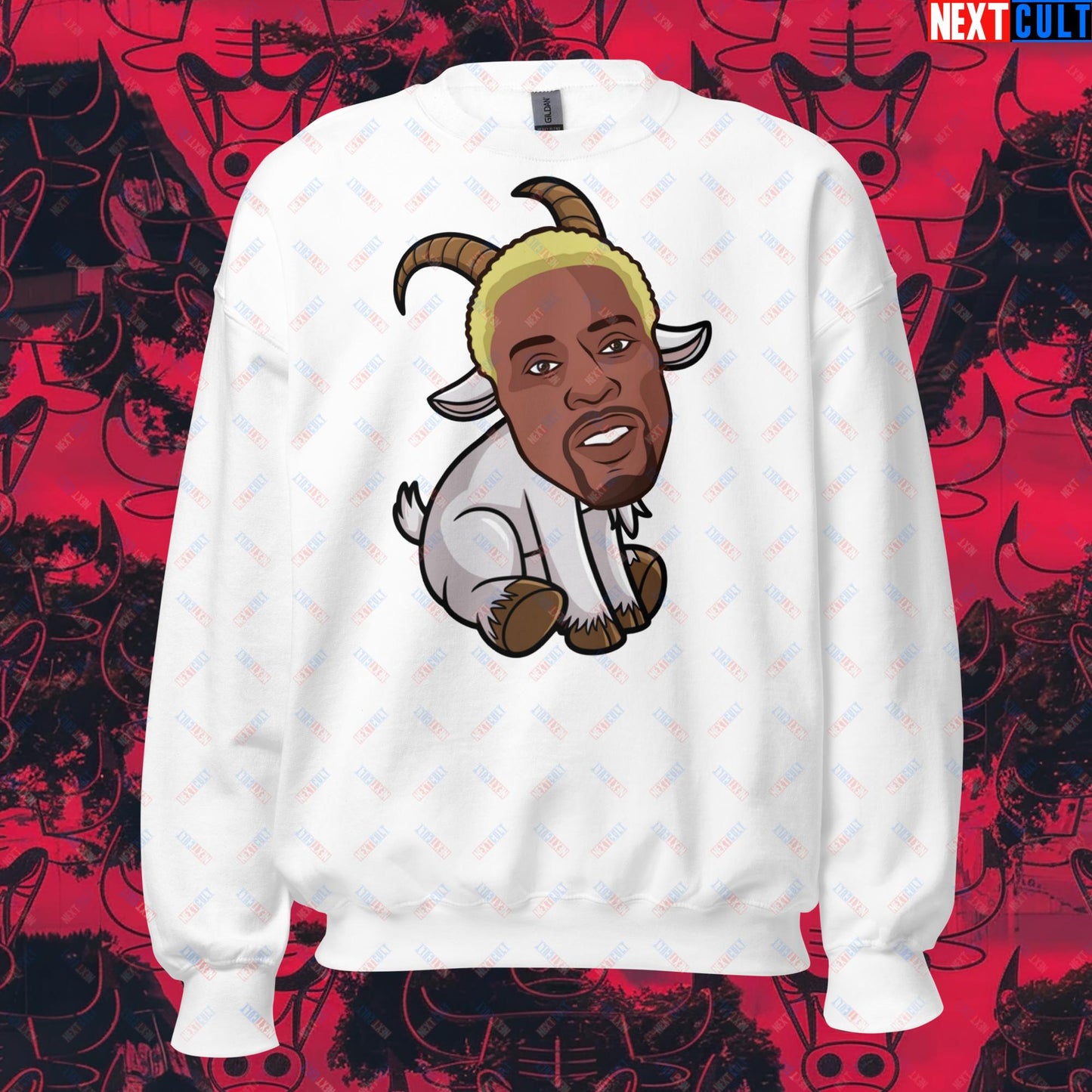 Dennis Rodman G.O.A.T. Sweatshirt - Chicago Bulls Basketball Meme Jumper - Greatest of All Time Funny Pullover for Basketball Fans - Perfect Gift for Rodman Fans Unisex Sweatshirt White Sweatshirts Basketball Chicago Bulls Dennis Rodman Detroit Pistons G.O.A.T. NBA Next Cult Brand