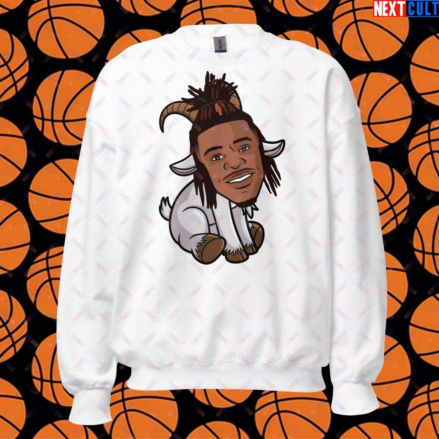 Ja Morant G.O.A.T. Sweatshirt - Funny Basketball Meme Jumper - Memphis Grizzlies GOAT Cartoon Design Pullover - Perfect Gift for Basketball Fans Unisex Sweatshirt White Sweatshirts Basketball G.O.A.T. Ja Morant Memphis Grizzlies NBA Next Cult Brand