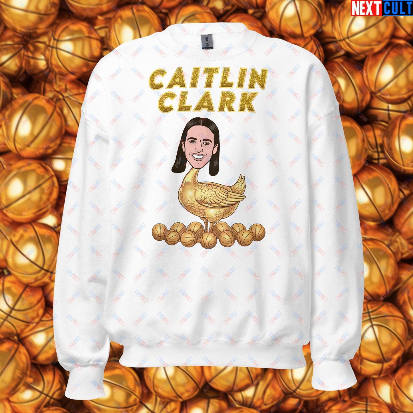 Caitlin Clark Golden Goose Sweatshirt - Women's Basketball Meme Jumper - Indiana Fever & WNBA Fan Gift - Funny Cartoon Pullover for Basketball Lovers Unisex Sweatshirt White Sweatshirts Basketball Caitlin Clark Indiana Fever WNBA Next Cult Brand