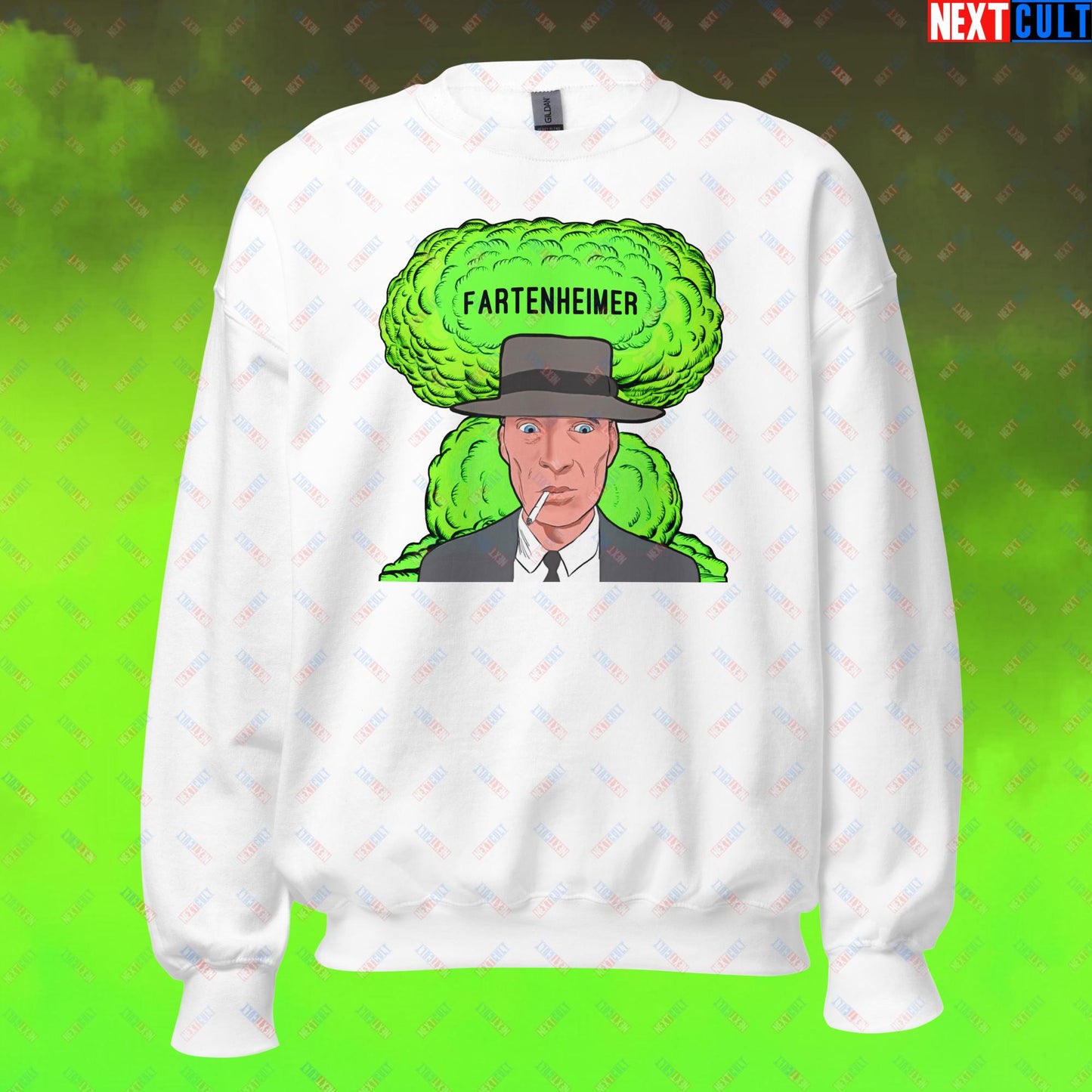 Fartenheimer Sweatshirt - Funny Fart Meme Jumper Inspired by Oppenheimer & Nuclear Explosions - Toilet Humor Pullover Featuring Cillian Murphy Parody - Perfect Gift for Meme Lovers Unisex Sweatshirt White Sweatshirts Cillian Murphy Movies Oppenheimer Next Cult Brand
