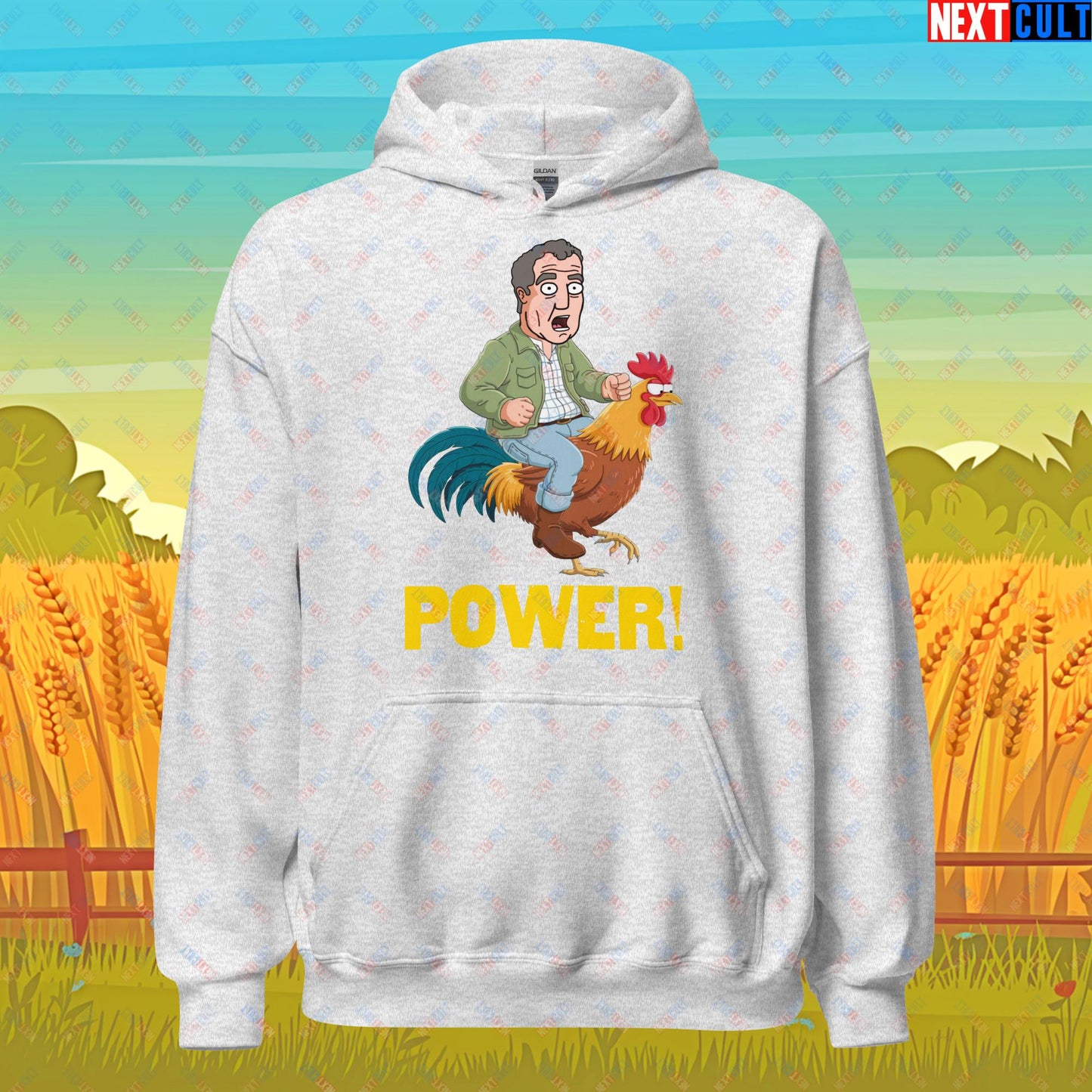 Power Rooster Chicken Farming Jeremy Clarkson's Farm Diddly Squat Grand Tour Top Gear Funny Meme Cartoon Unisex Hoodie Ash Hoodies Clarkson's Farm Grand Tour Jeremy Clarkson Top Gear TV Shows Next Cult Brand