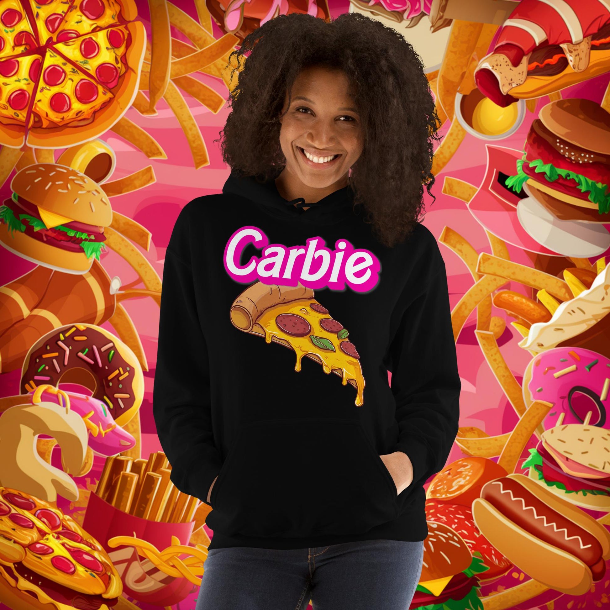 Carbie Barbie I Love Carbs I Love Pizza Unisex Hoodie Black Hoodies Barbie Carbie Fast Food Ken Movies Pizza Next Cult Brand