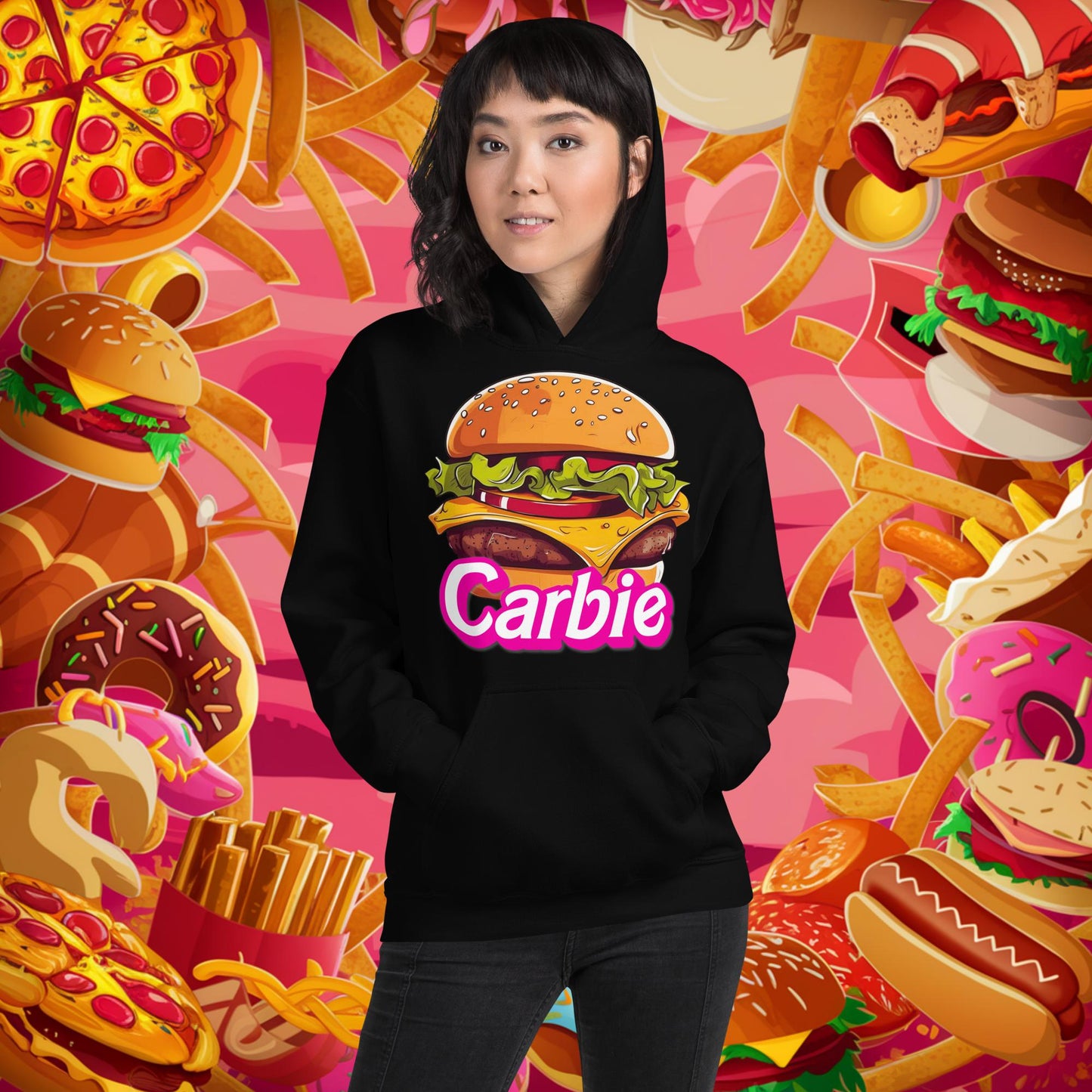 Carbie Barbie Cheeseburger Unisex Hoodie Black Hoodies Barbie Burgers Carbie Fast Food Movies Next Cult Brand