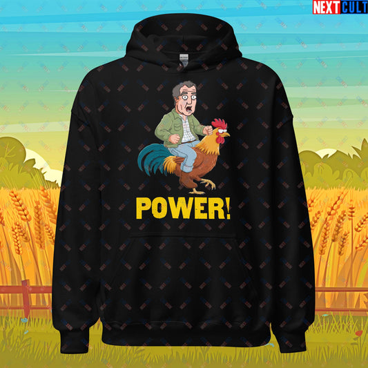 Power Rooster Chicken Farming Jeremy Clarkson's Farm Diddly Squat Grand Tour Top Gear Funny Meme Cartoon Unisex Hoodie Black Hoodies Clarkson's Farm Grand Tour Jeremy Clarkson Top Gear TV Shows Next Cult Brand