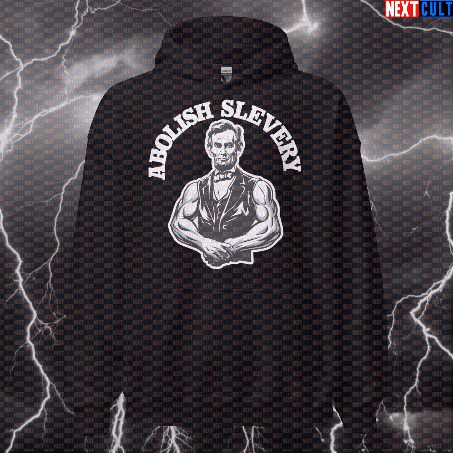 Funny Abolish Sleevery Gym Hoodie | Abraham Lincoln Huge Arms Meme Hooded Sweatshirt Hoodies 4th of July Abraham Lincoln Bodybuilding Fitness Gym Pump Cover Workout Next Cult Brand