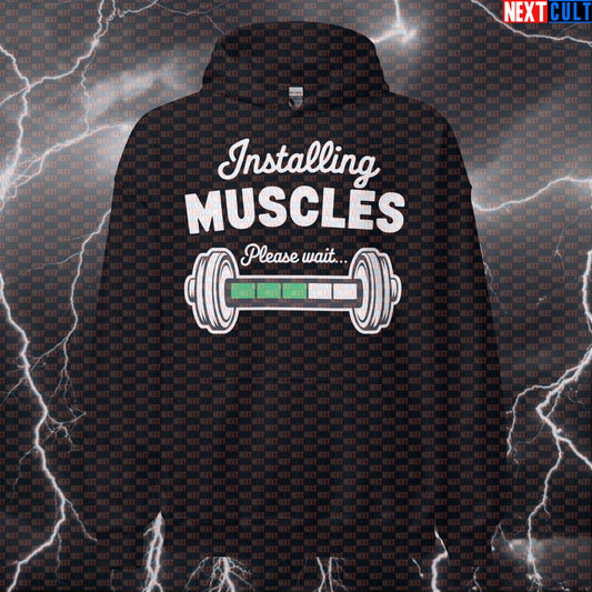 Installing Muscles Funny Gym Meme Hoodie - Workout Hooded Sweatshirt Pullover Jumper Hoodies Bodybuilding Fitness Gym Powerlifting Workout Next Cult Brand