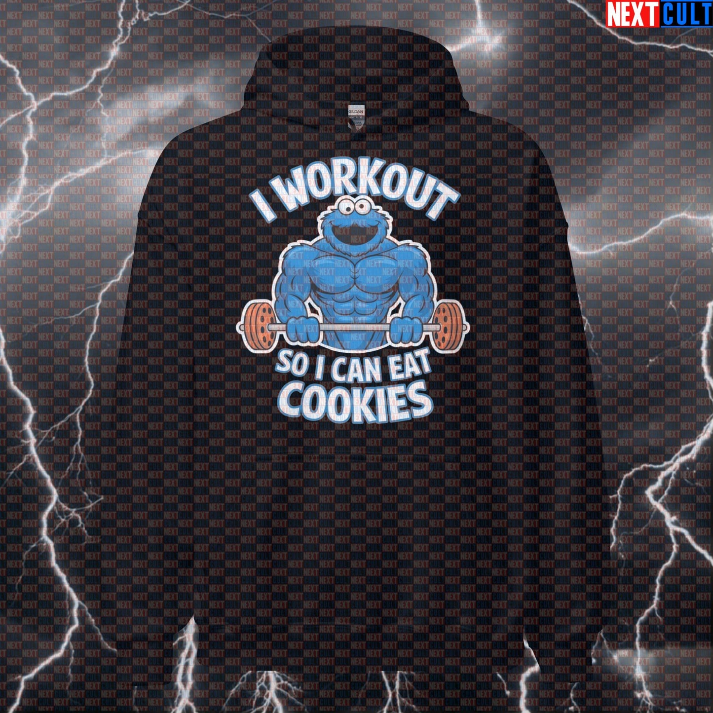 Funny Gym Hoodie I Workout So I Can Eat Cookies Hooded Sweatshirt Pullover Hoodies Bodybuilding Bulking Cookie Monster Fast Food Fitness Gym Powerlifting Pump Cover TV Workout Next Cult Brand