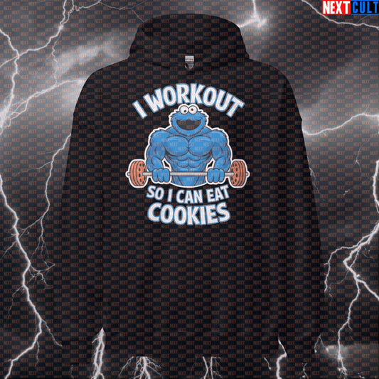 Funny Gym Hoodie I Workout So I Can Eat Cookies Hooded Sweatshirt Pullover Hoodies Bodybuilding Bulking Cookie Monster Fast Food Fitness Gym Powerlifting Pump Cover TV Workout Next Cult Brand