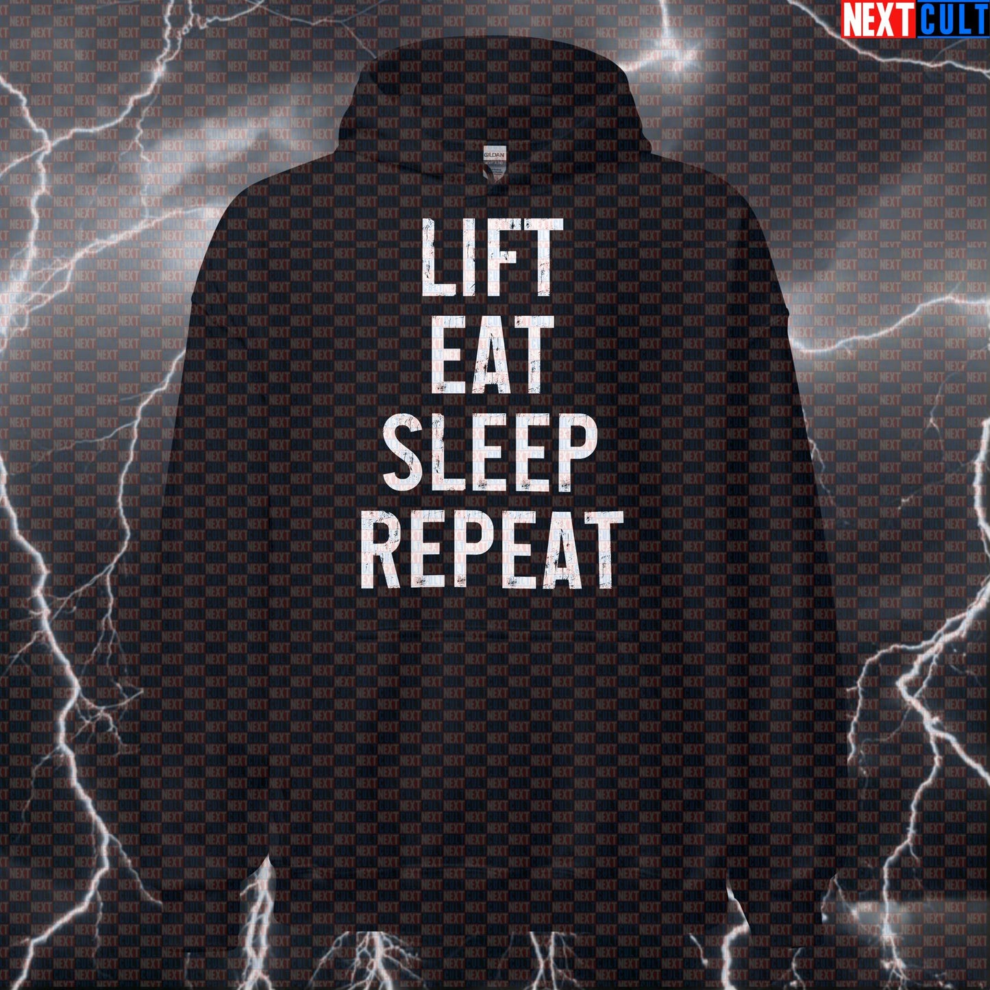 Lift Eat Sleep Repeat Hoodie | Funny Gym Meme Hooded Sweatshirt For Bodybuilding & Workout Gains | Pullover Hoodies Bodybuilding Fast Food Fitness Gym Powerlifting Pump Cover Workout Next Cult Brand