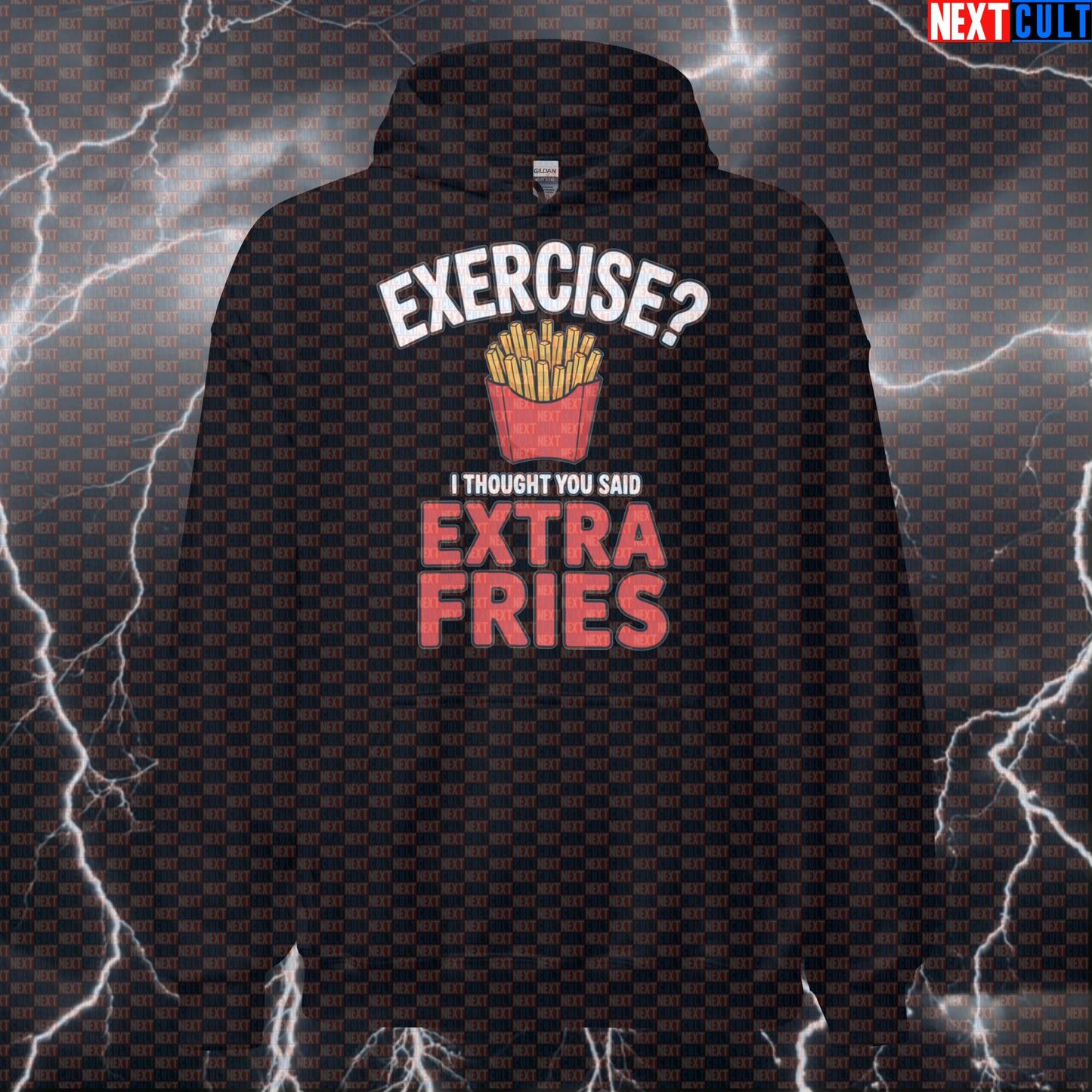 Exercise Extra Fries Gym Hoodie | Funny Workout Hoodie For Lifters & Fitness Meme Fans | Hooded Pullover Hoodies Bodybuilding Bulking Fast Food Fitness Gym Pump Cover Workout Next Cult Brand