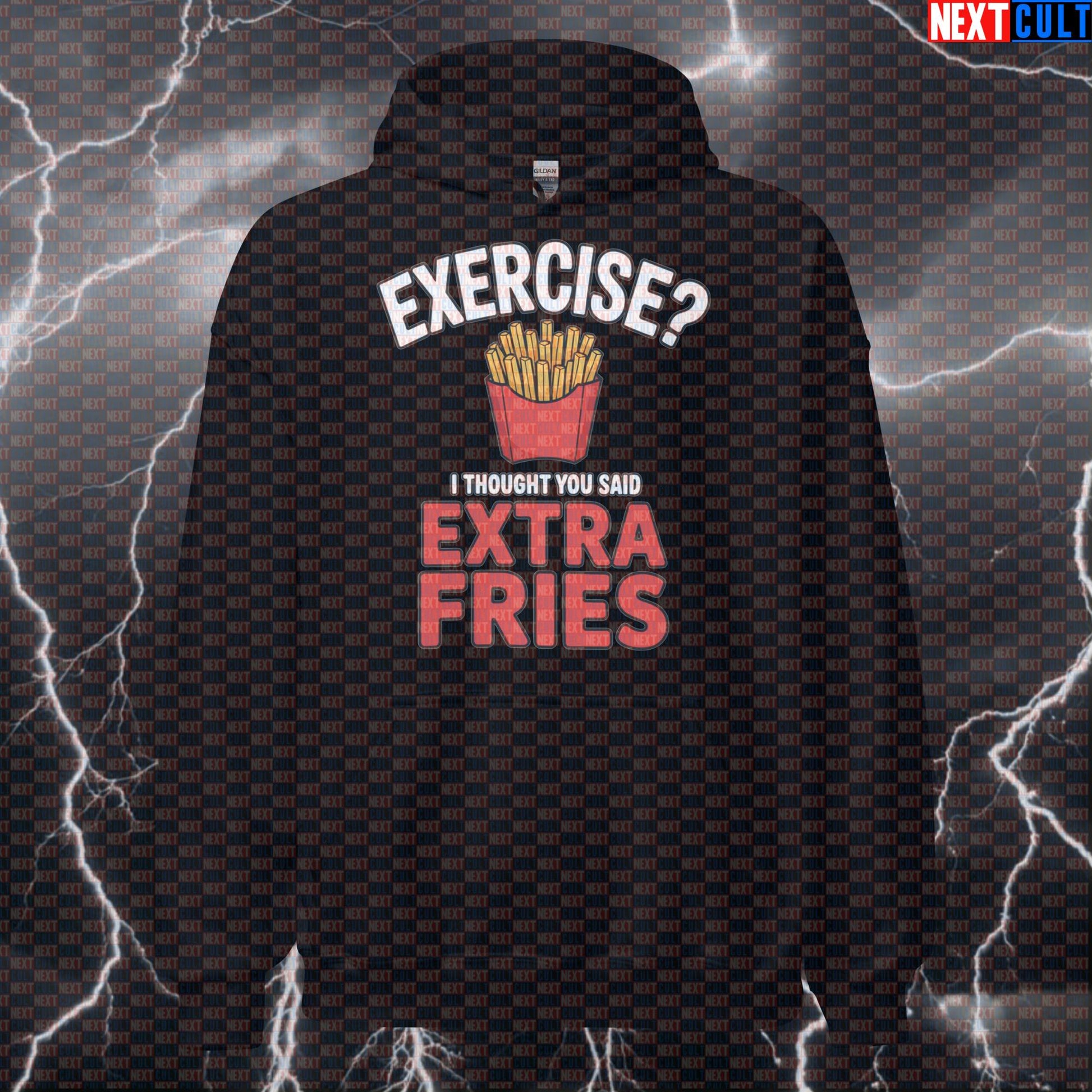 Exercise Extra Fries Gym Hoodie | Funny Workout Hoodie For Lifters & Fitness Meme Fans | Hooded Pullover Hoodies Bodybuilding Bulking Fast Food Fitness Gym Pump Cover Workout Next Cult Brand